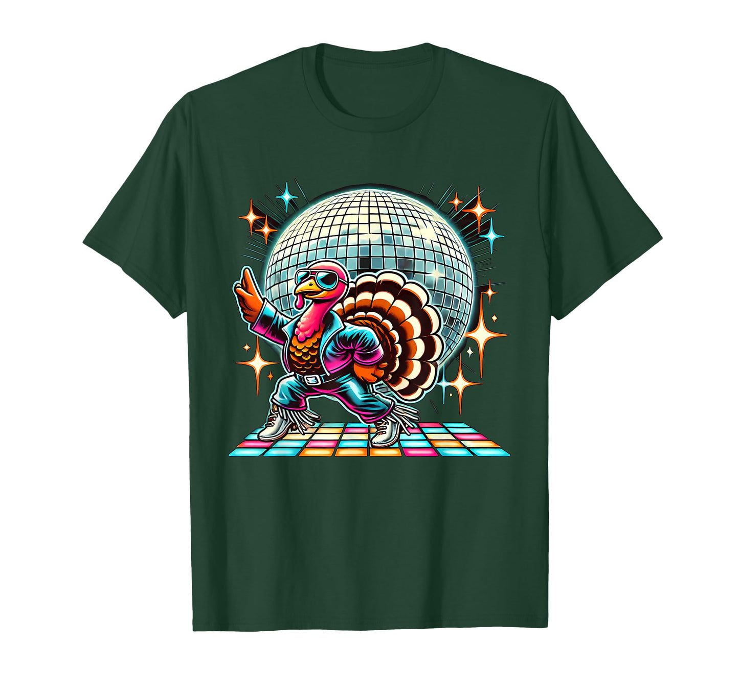 Disco Turkey Halloween Tees Unisex-Adult Black Cartoon Turkey Disco T-Shirt Small Straight Short Sleeve T-Shirt
