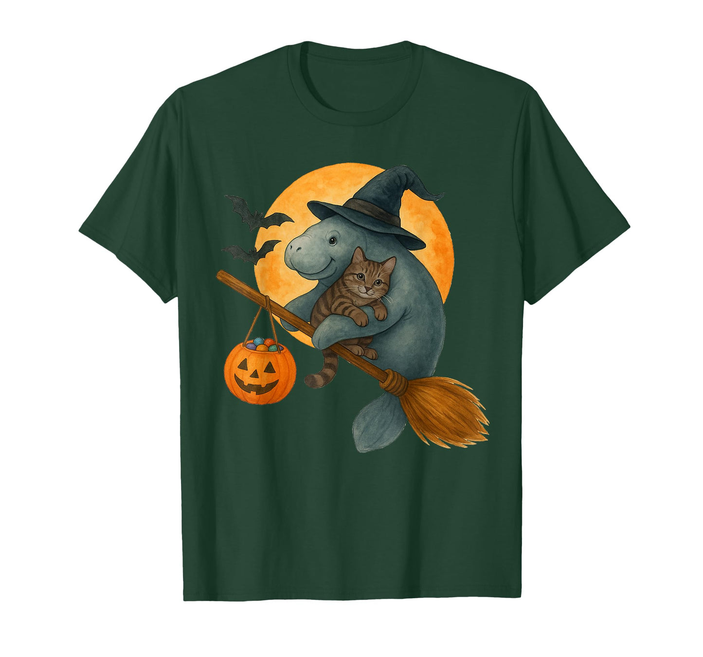 Funny Manatee Witch Hat Black Cat Pumpkin Halloween Costume T-Shirt
