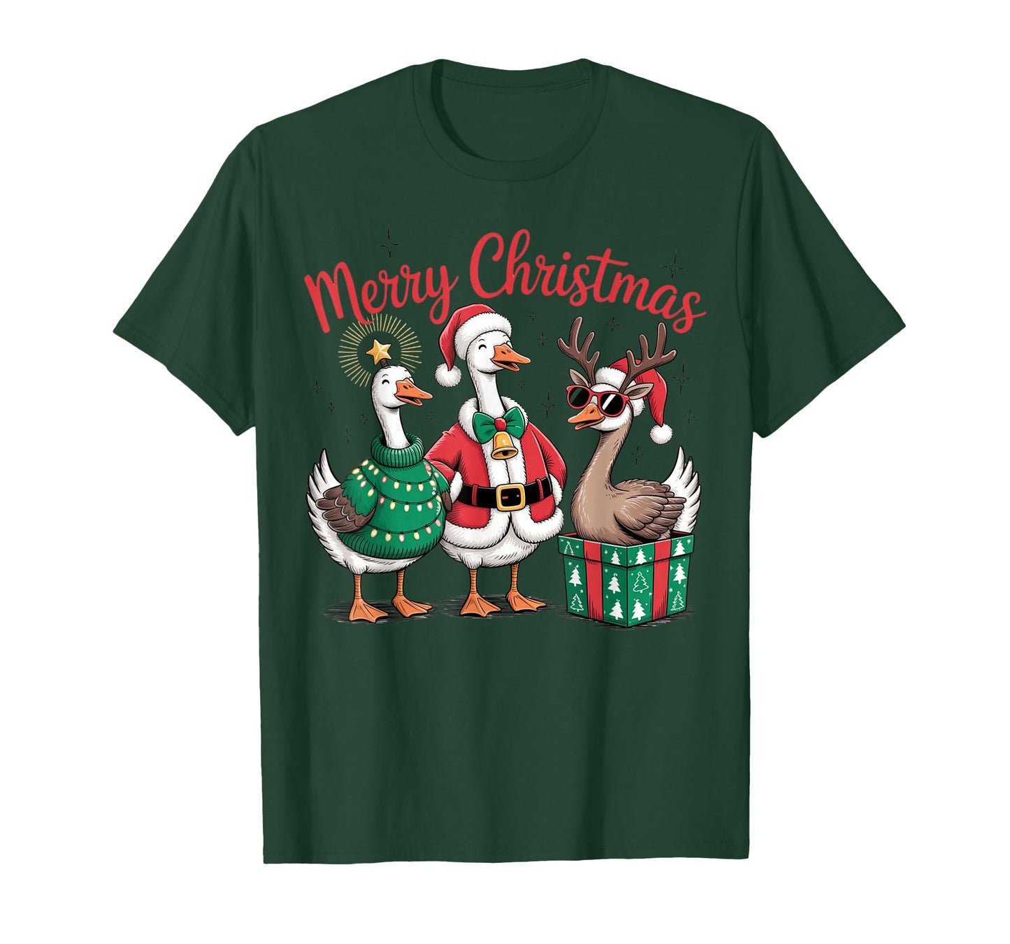 Funny Christmas Geese Santa Reindeer Holiday Outfit T-Shirt