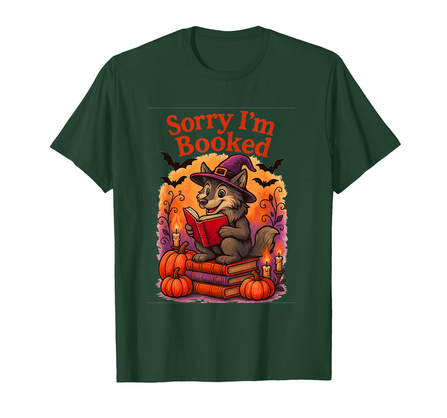 Sorry I’m Booked Wolf Reading Witch Hat Halloween Book Lover T-Shirt