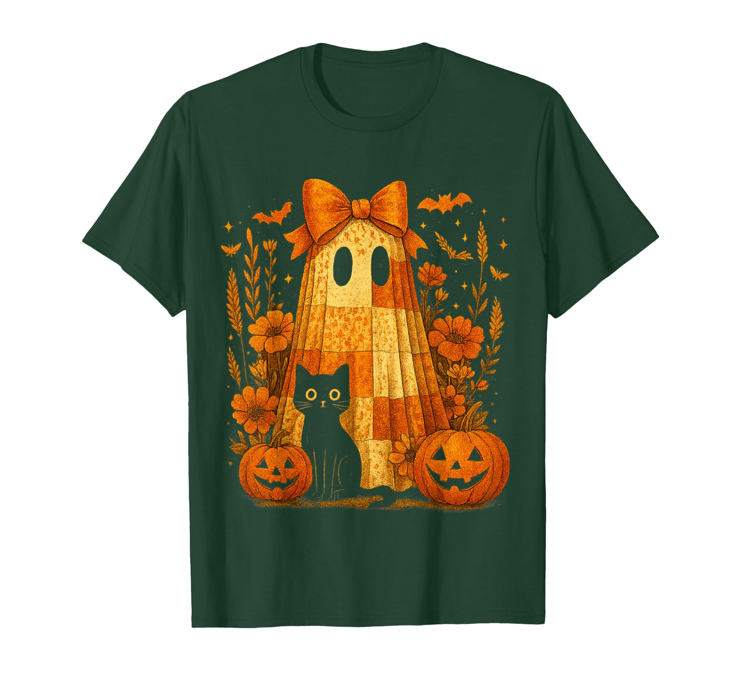 Vintage Halloween Ghost Black Cat Patchwork Floral Women Kid T-Shirt