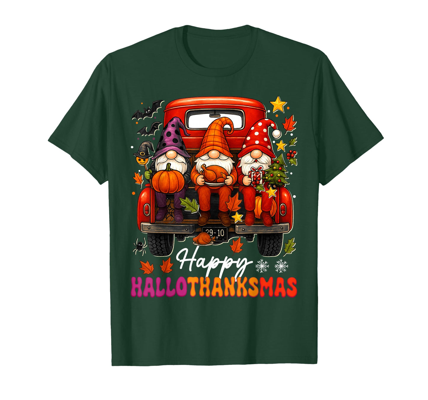 Happy Hallothanksmas Gnomes Truck Halloween Merry Christmas T-Shirt
