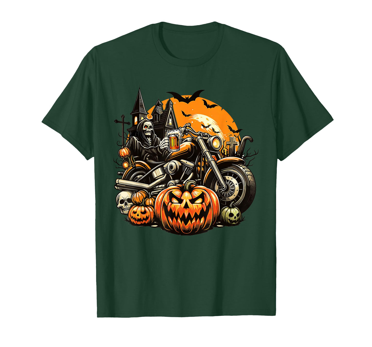 Skeleton Drinking Beer On Motorcycle Halloween Pumpkins T-Shirt