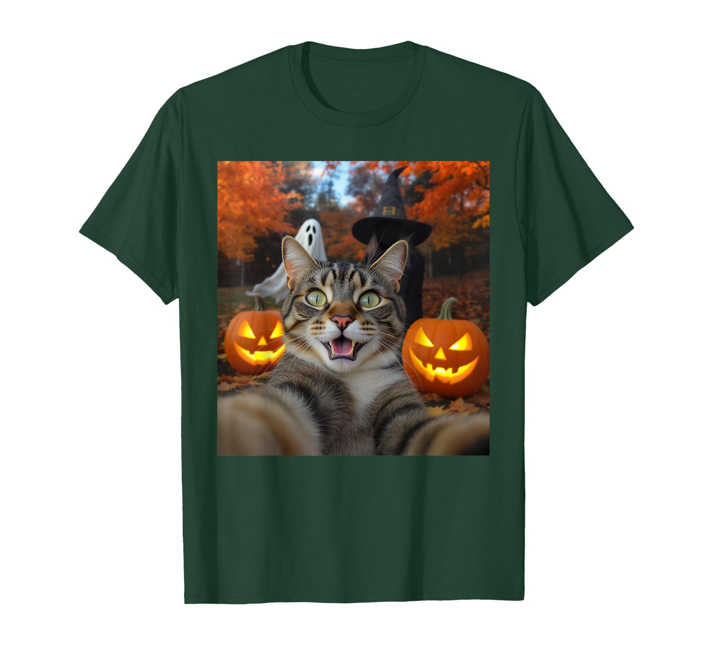Funny Cat Selfie with a Witch & Ghost Scary Halloween T-Shirt