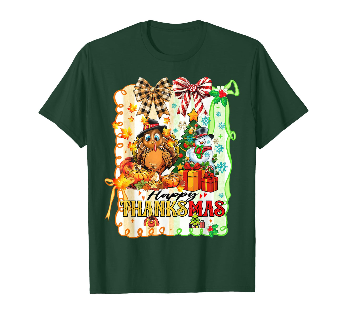 Happy Thanksmas Turkey Thanksgiving Pine Tree Christmas Snow T-Shirt