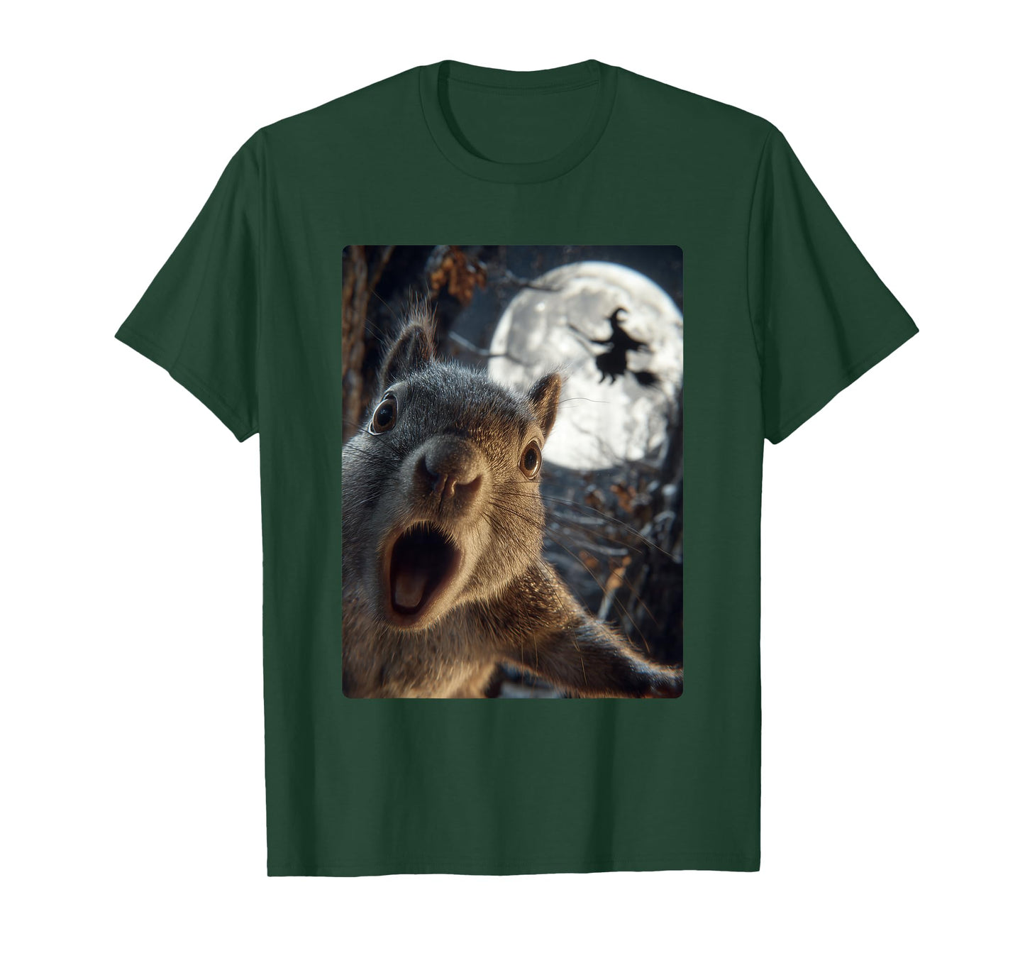 Funny Squirrel Selfie with Full Moon Flying Witch Halloween T-Shirt