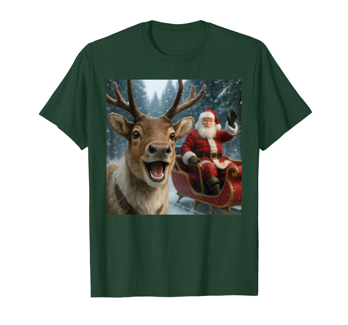 Funny Santa Claus in Sleigh with Reindeer Christmas Holiday T-Shirt