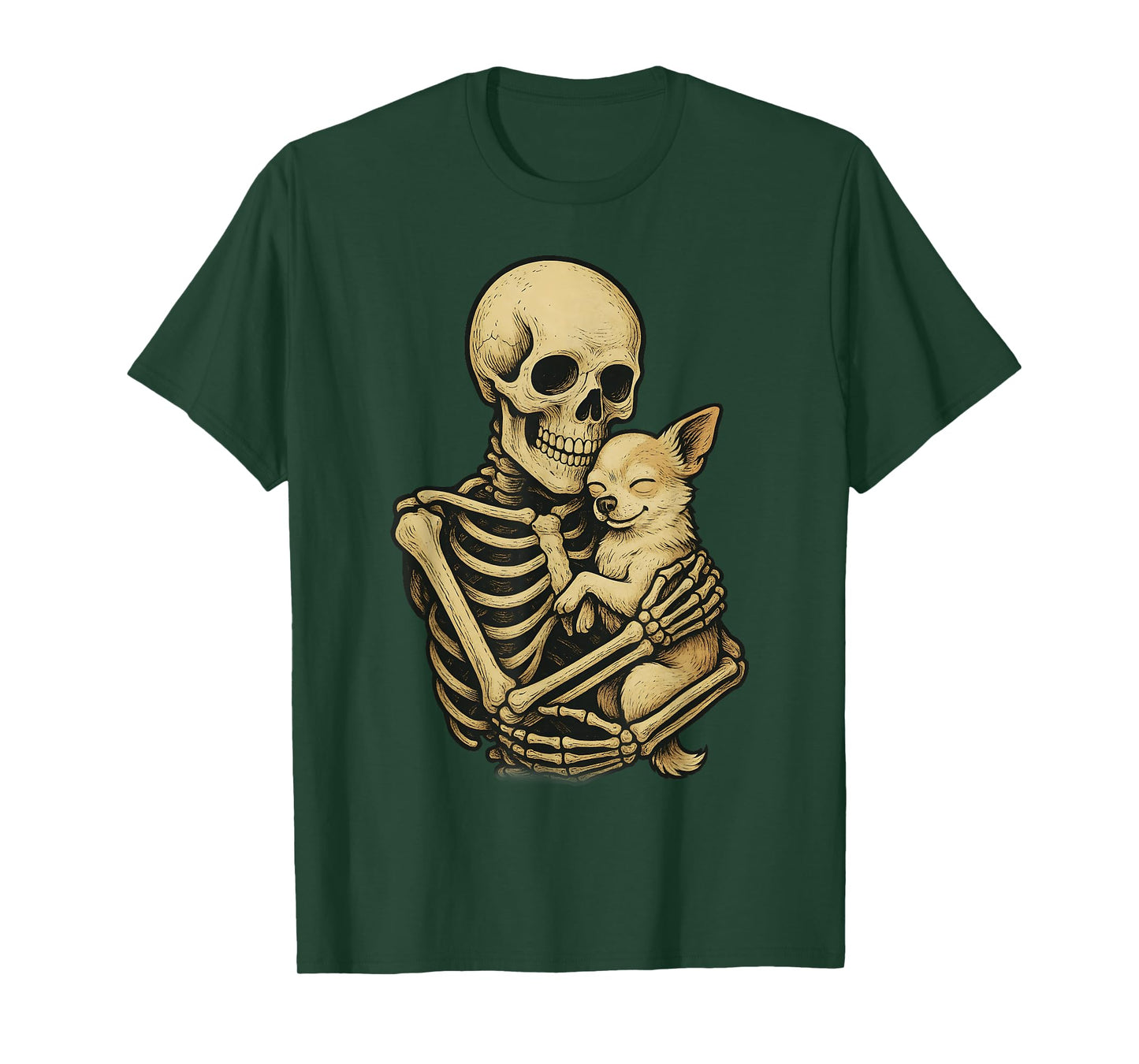 Skeleton Hugging Dog Chihuahua Funny Halloween T-Shirt