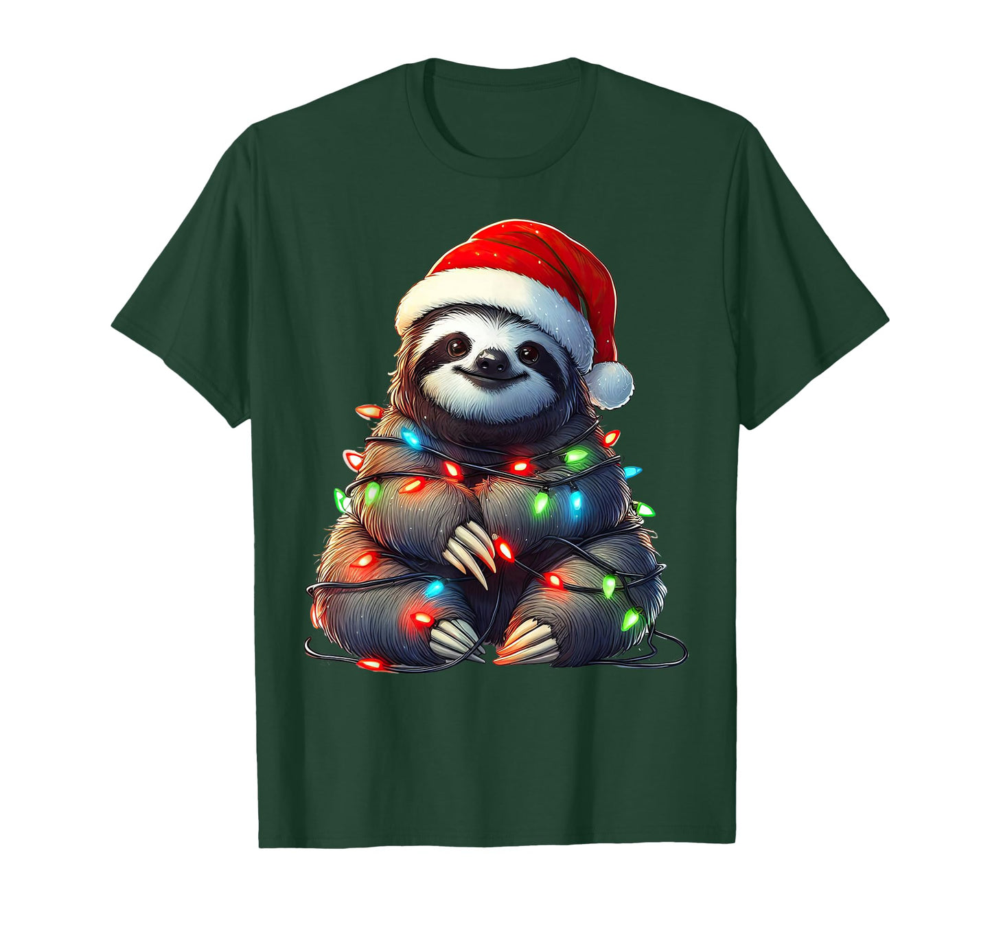 Sloth Christmas Lights Funny Santa Hat Merry Xmas T-Shirt