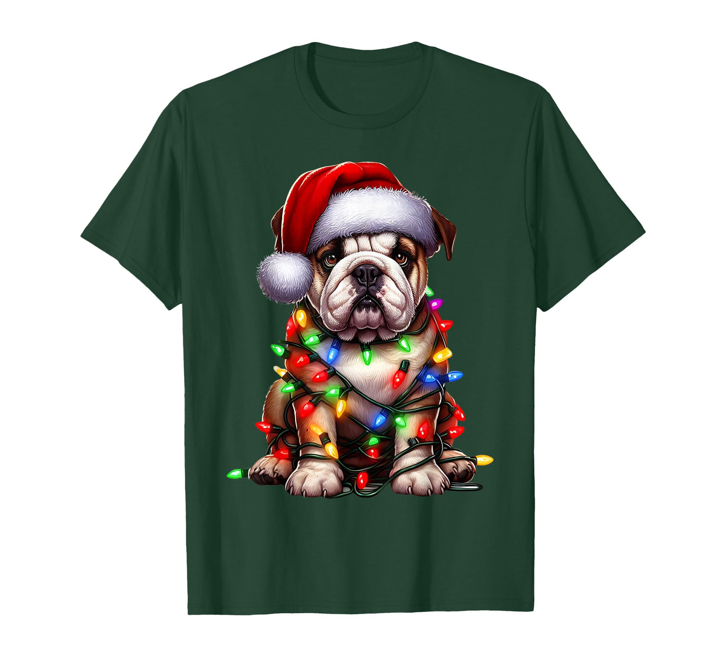 Bulldog Dog Christmas Lights Santa Hat Dog Lover T-Shirt