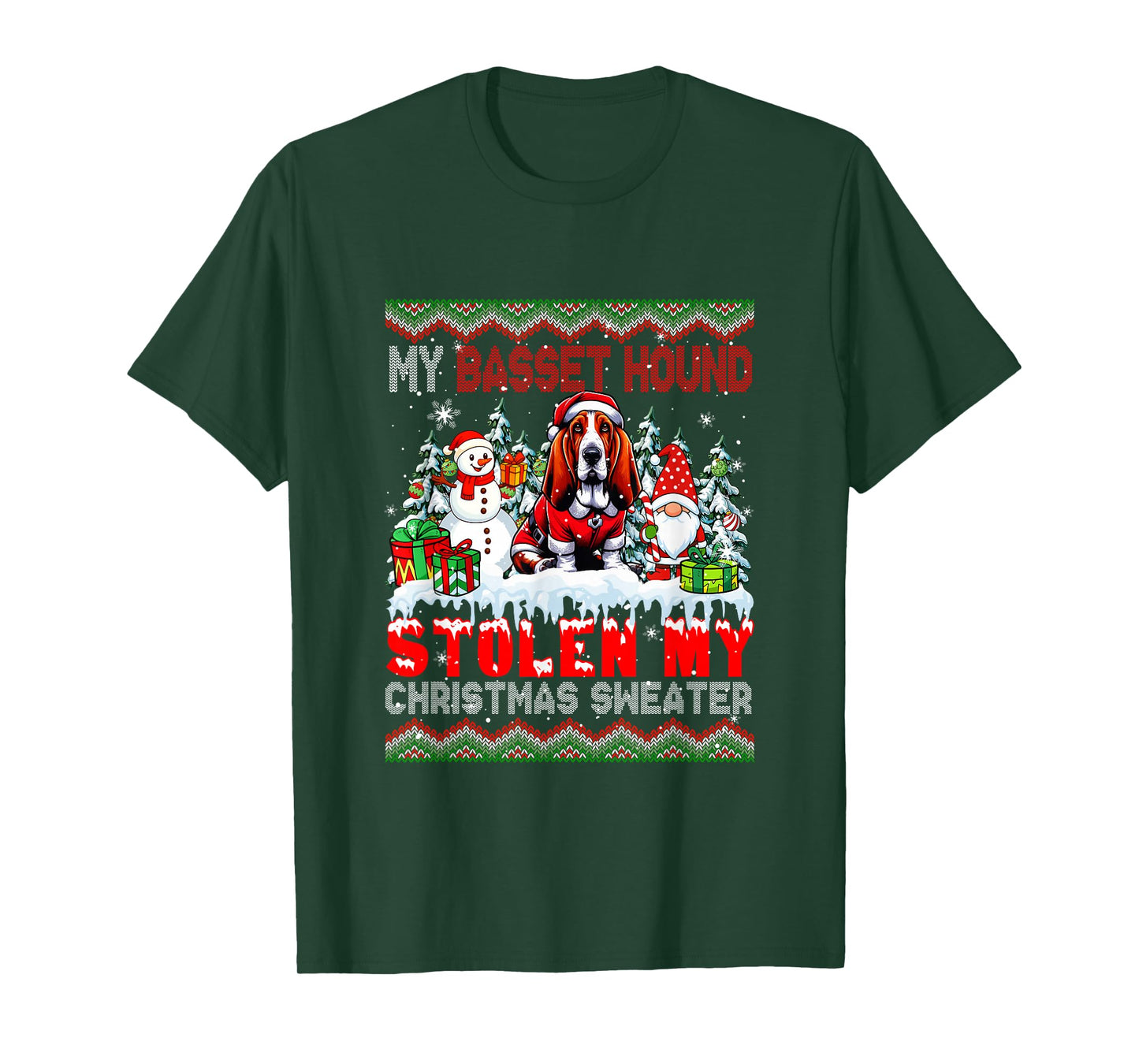 My Basset Hound Stolen My Christmas Sweater Santa Dog Gnome T-Shirt