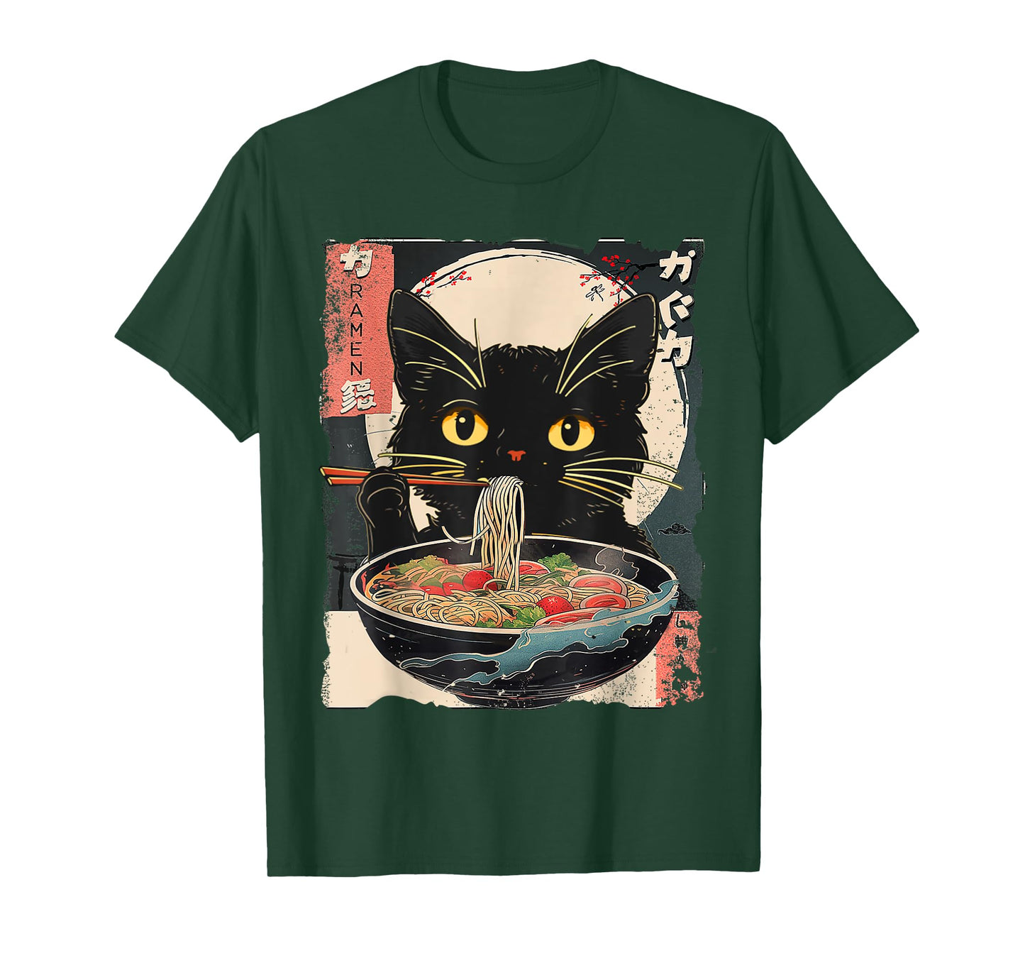 Kawaii Cat Ramen Noodles Anime Gifts Funny Cat Eating Ramen Vintage Japanese Noodles Unisex-Adult T-Shirt, Black, Small, Short Sleeve, T-Shirt, All Seasons