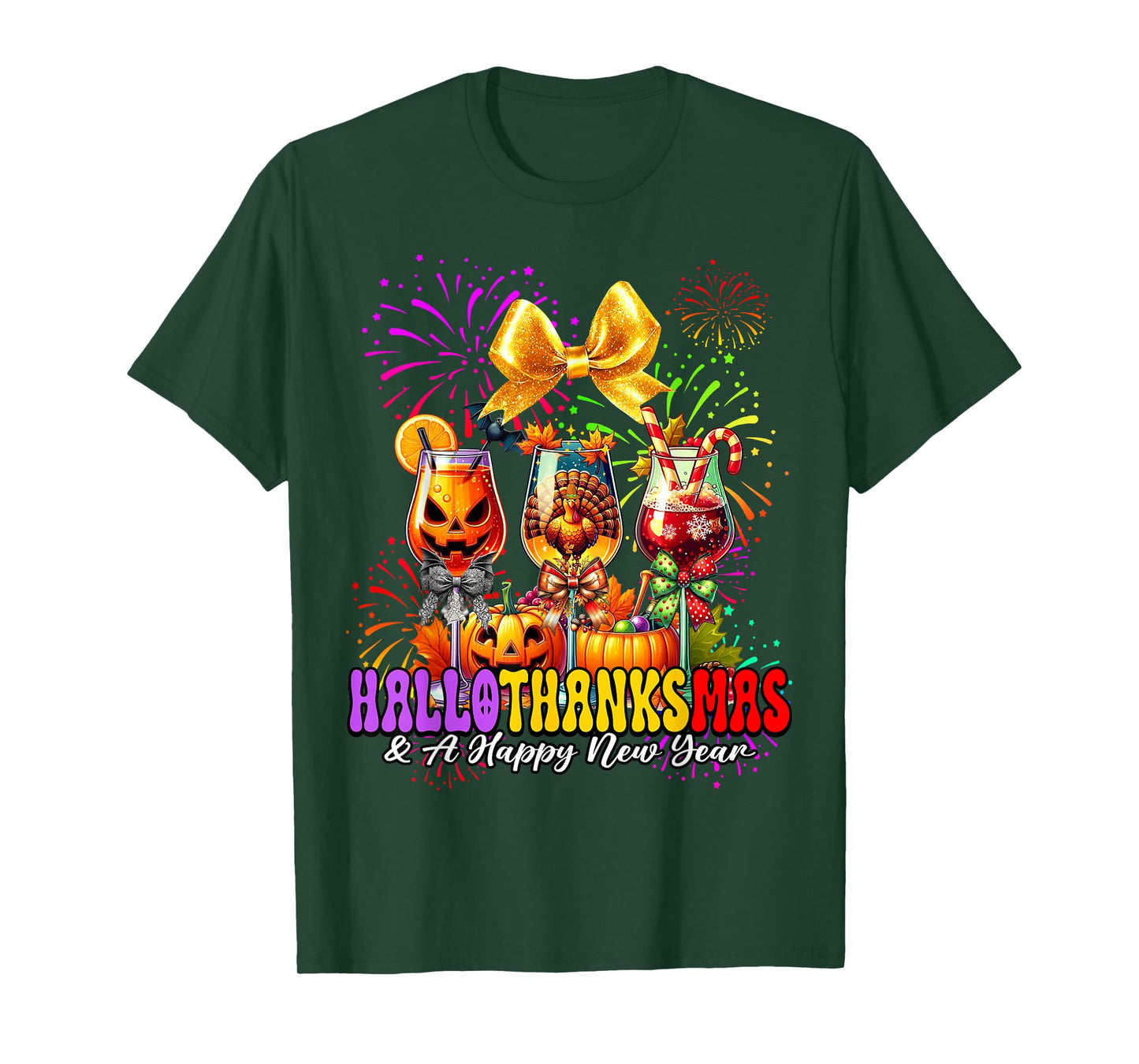 Hallothanksmas & A Happy New Year Fireworks Wine Glass Party T-Shirt