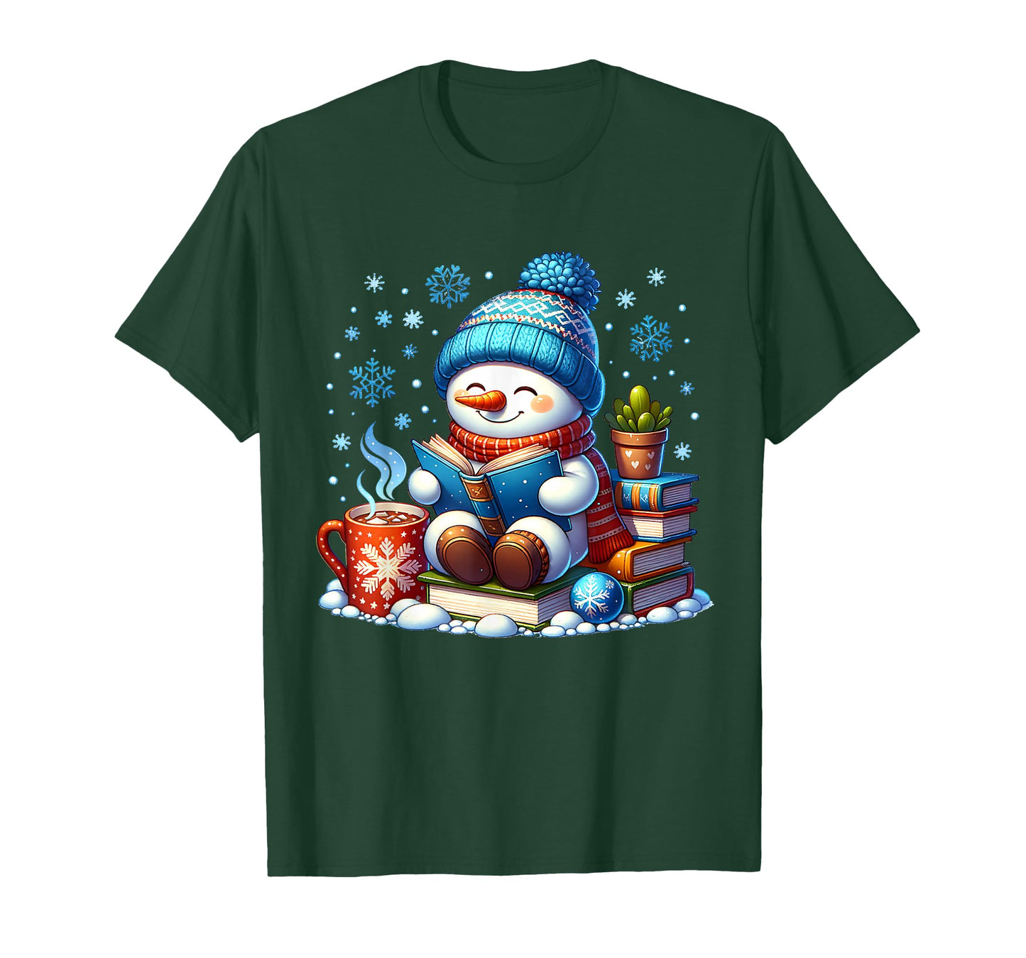 Snowman Reading Book Lovers Christmas Bookworm Librarian T-Shirt