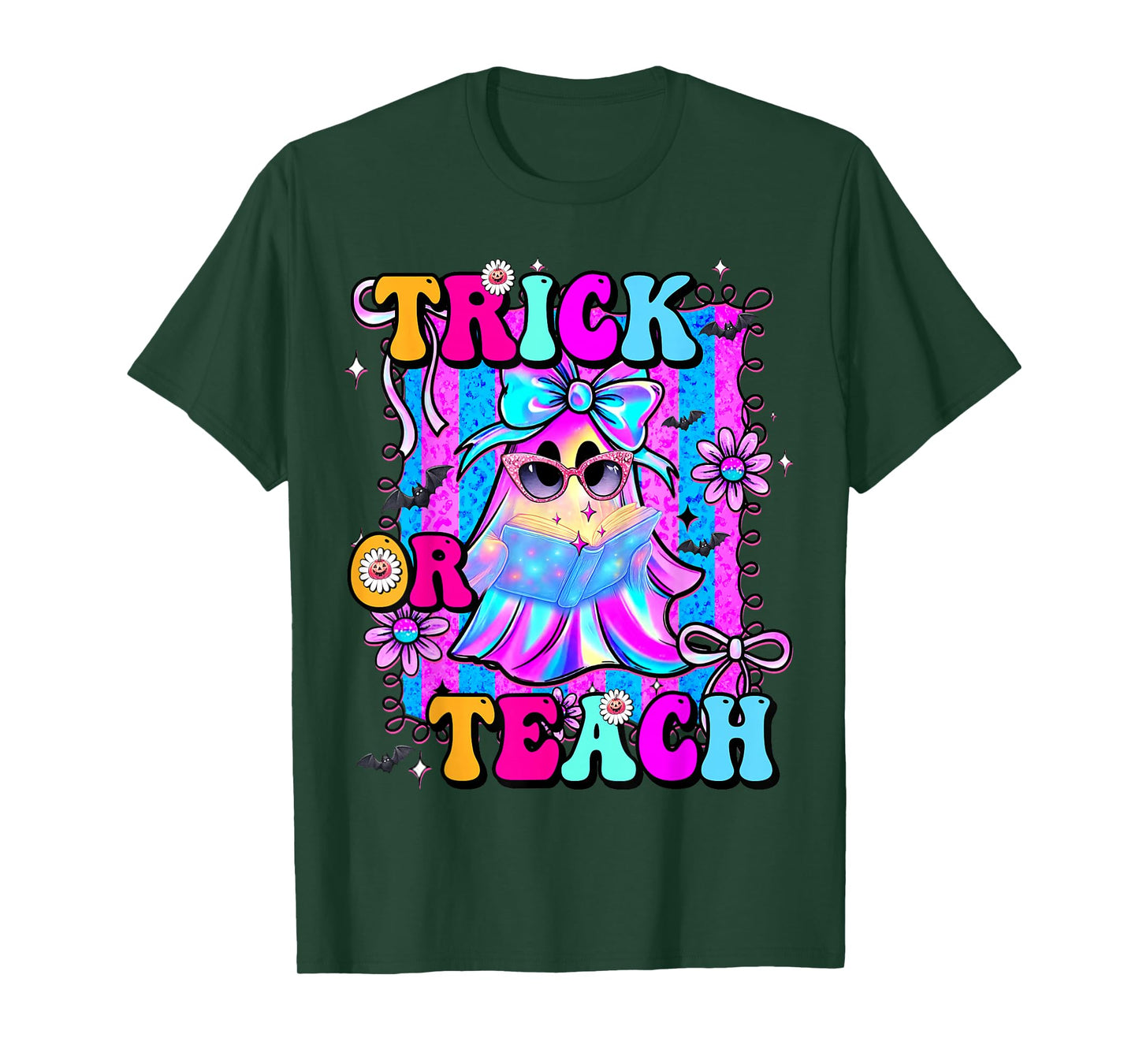 Trick Or Teach Groovy Teacher Retro Ghost Halloween Costume T-Shirt