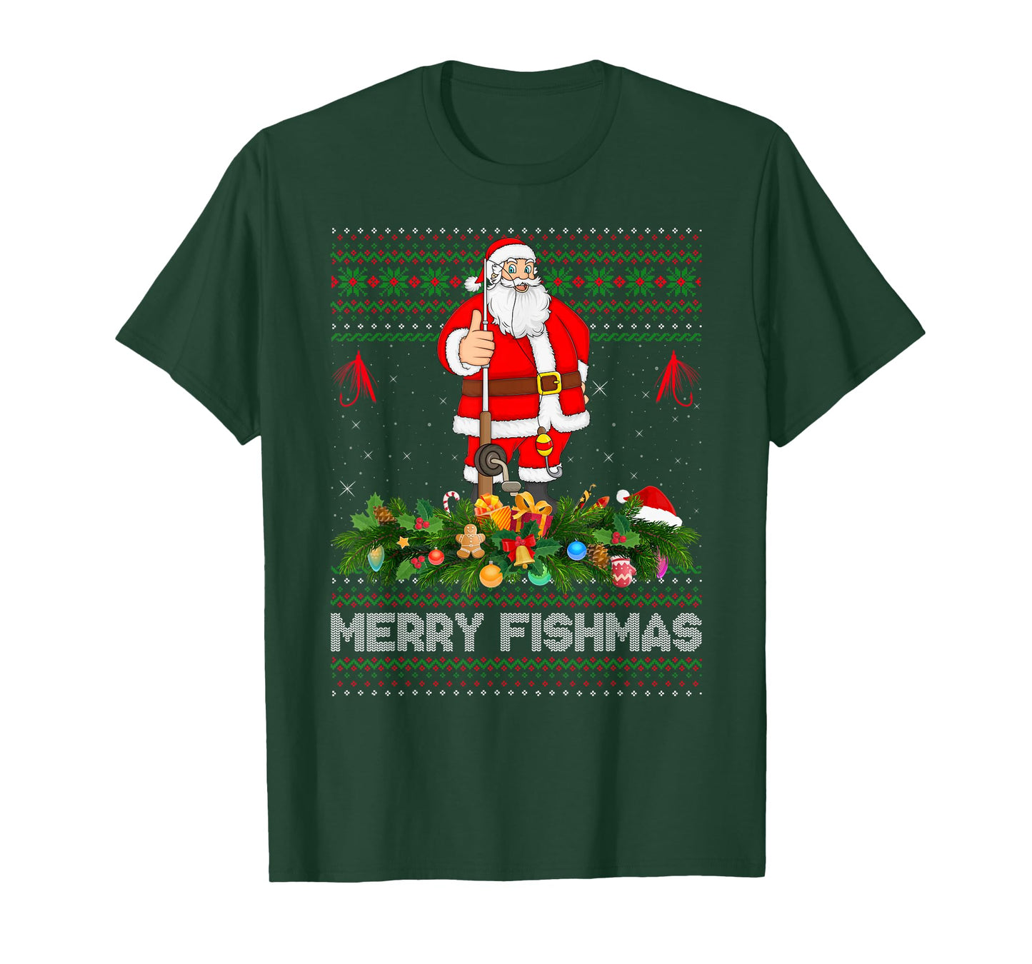 Fishing Santa Ugly Christmas Sweaters Merry Fishmas Xmas T-Shirt