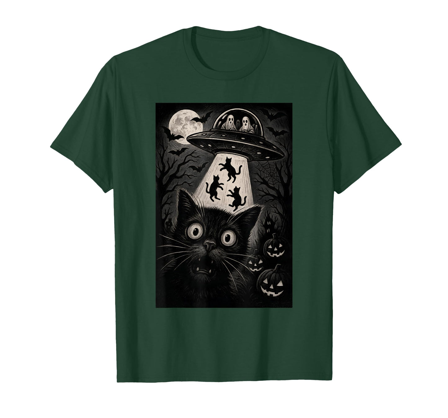 Halloween Cat Selfie Scary Alien Abduction Cats UFO Flying T-Shirt