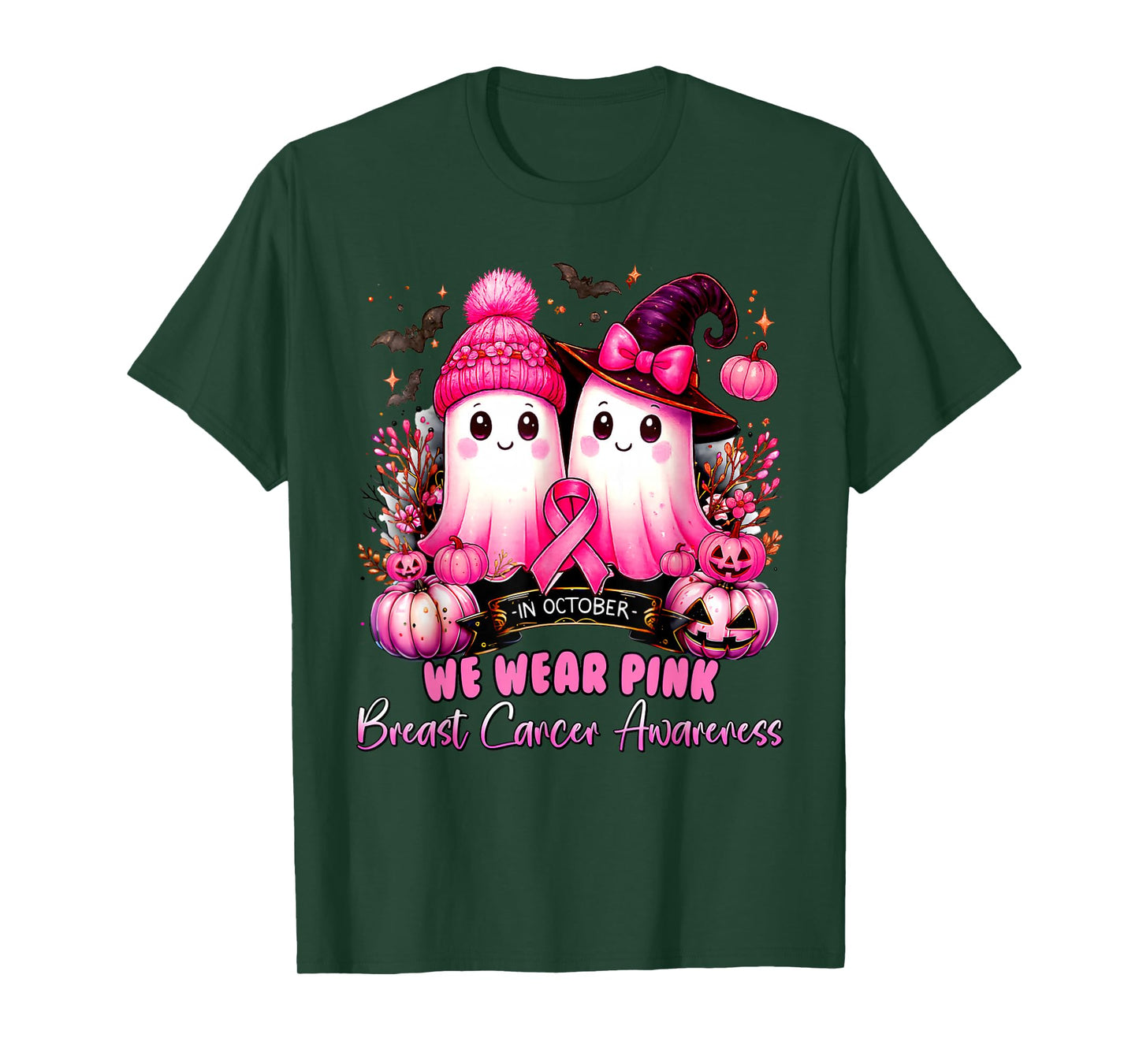 in October We Wear Pink Ghost Witch Breast Cancer Awareness T-Shirt