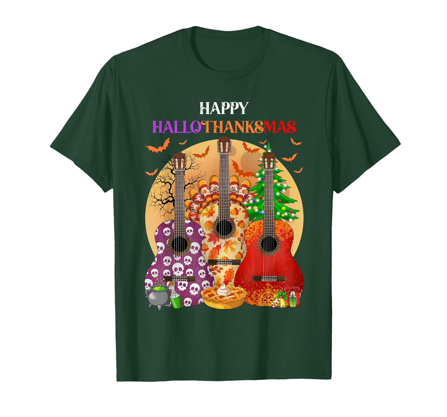 Happy HalloThanksMas Guitar Halloween Thanksgiving Christmas T-Shirt