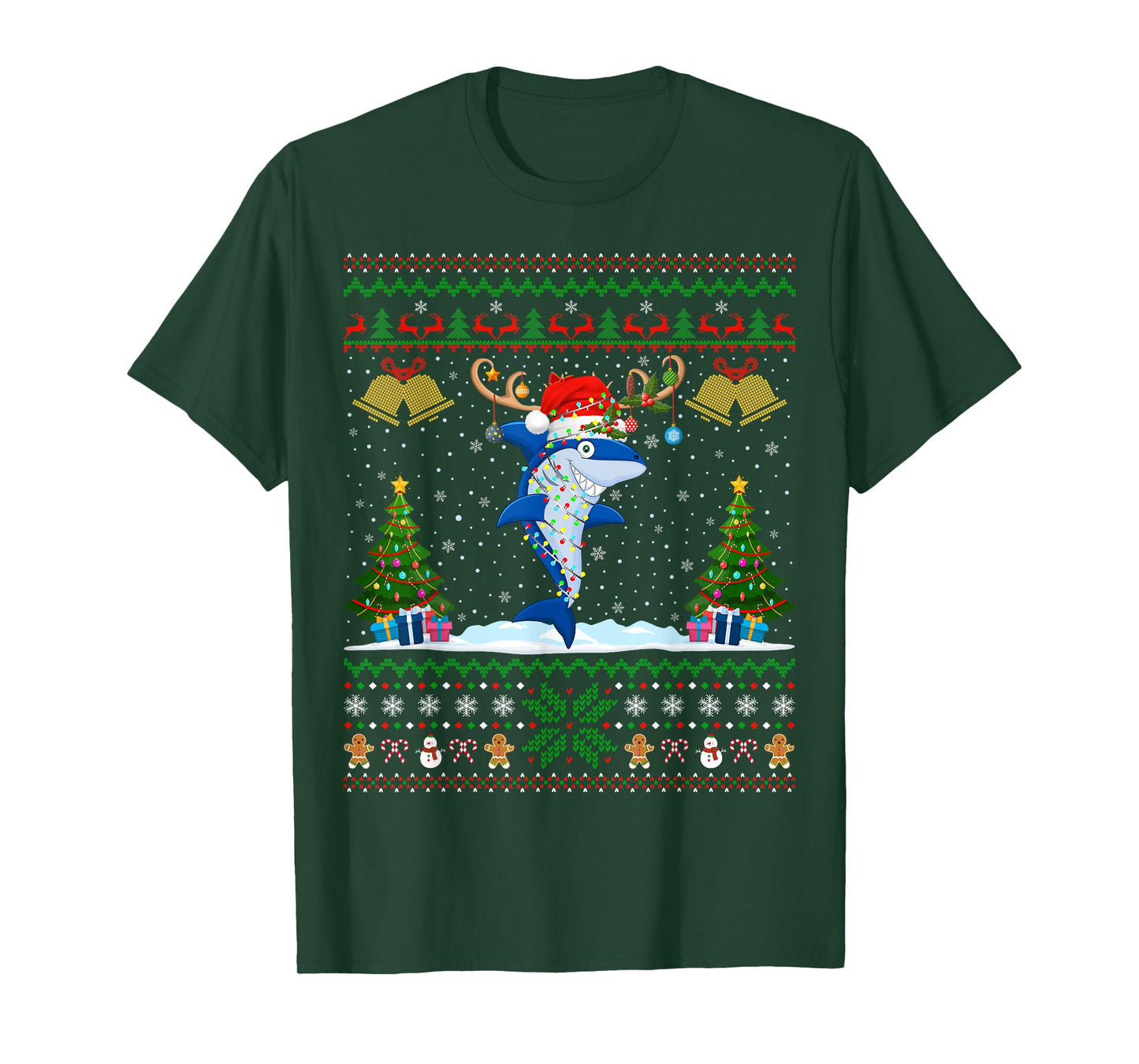 Ugly Xmas Sweater Reindeer Santa Hat Lights Shark Christmas T-Shirt
