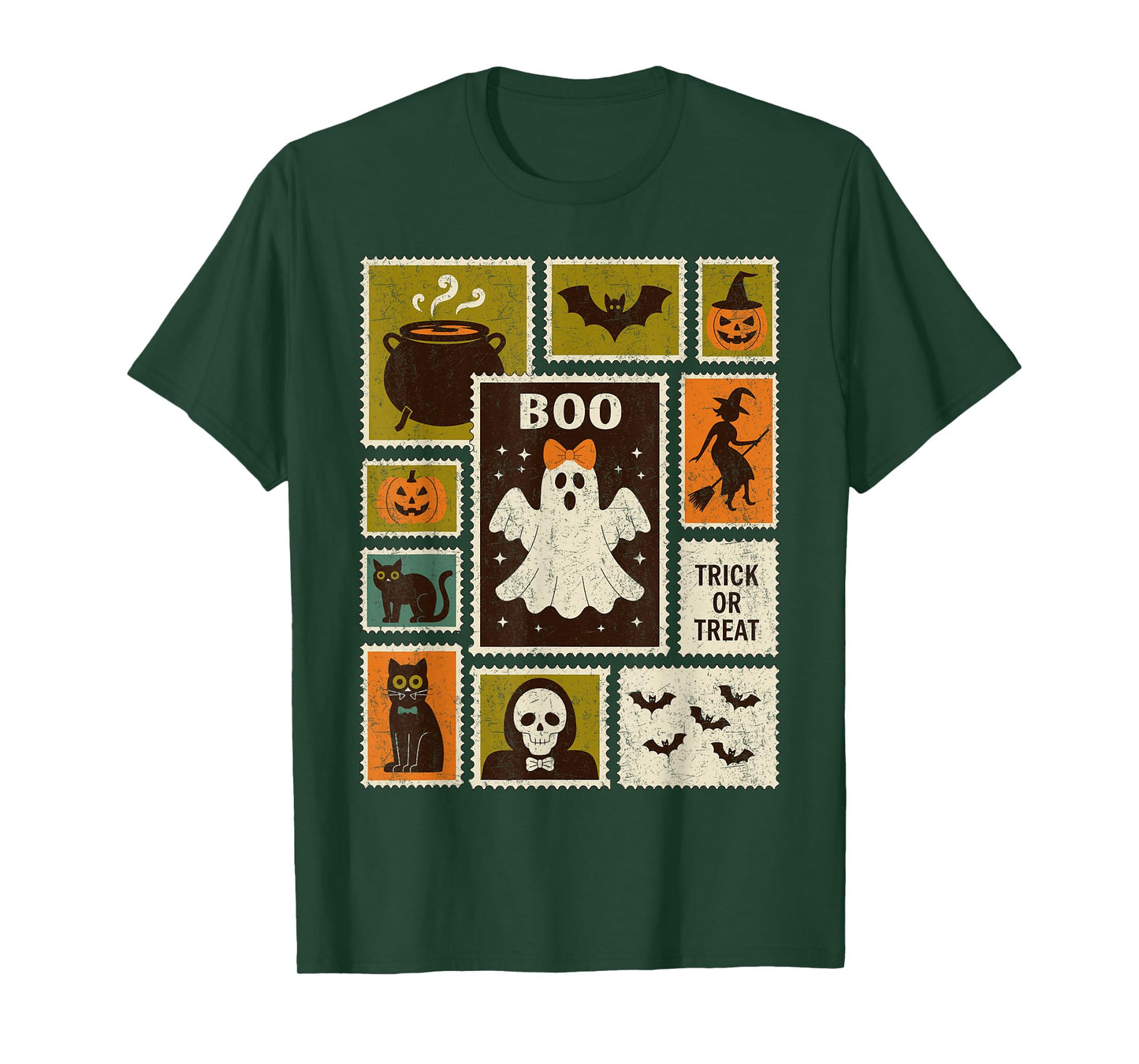 Halloween Stamps Spooky Pumpkin Ghost Cat Witch Skeleton T-Shirt