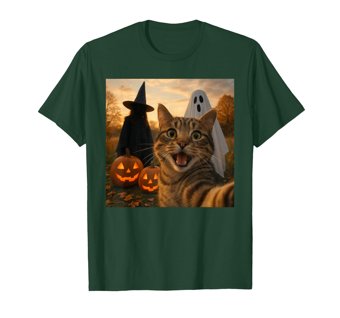 Funny Cat Selfie with a Witch & Ghost Scary Halloween T-Shirt