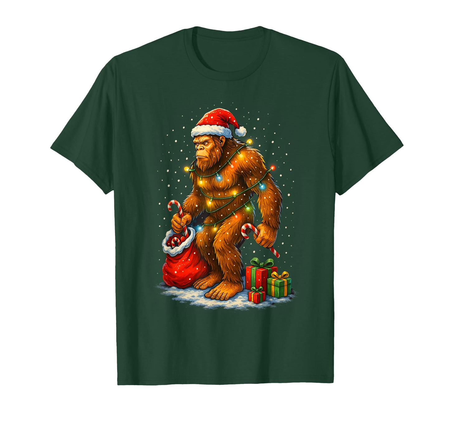 Santa Bigfoot Christmas Lights Funny Sasquatch T-Shirt