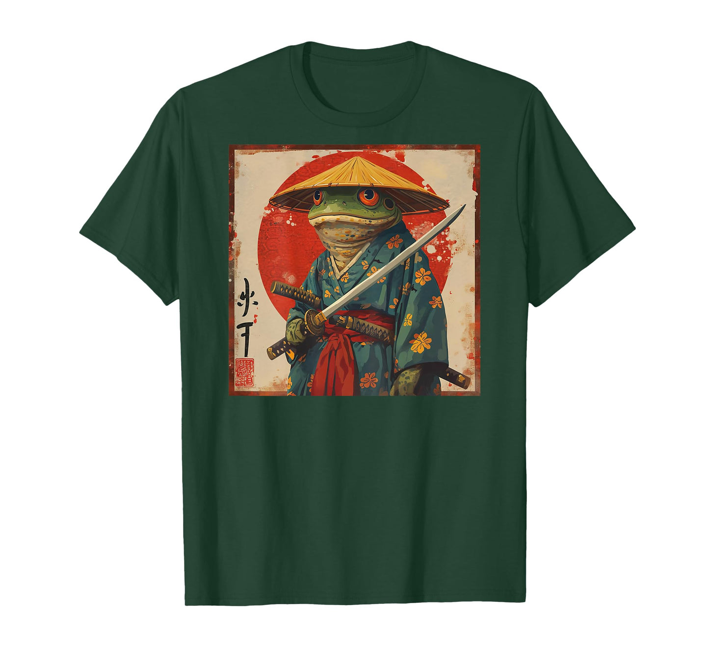 Japanese Woodblock Art: Samurai Frog Japanese kanji on back T-Shirt
