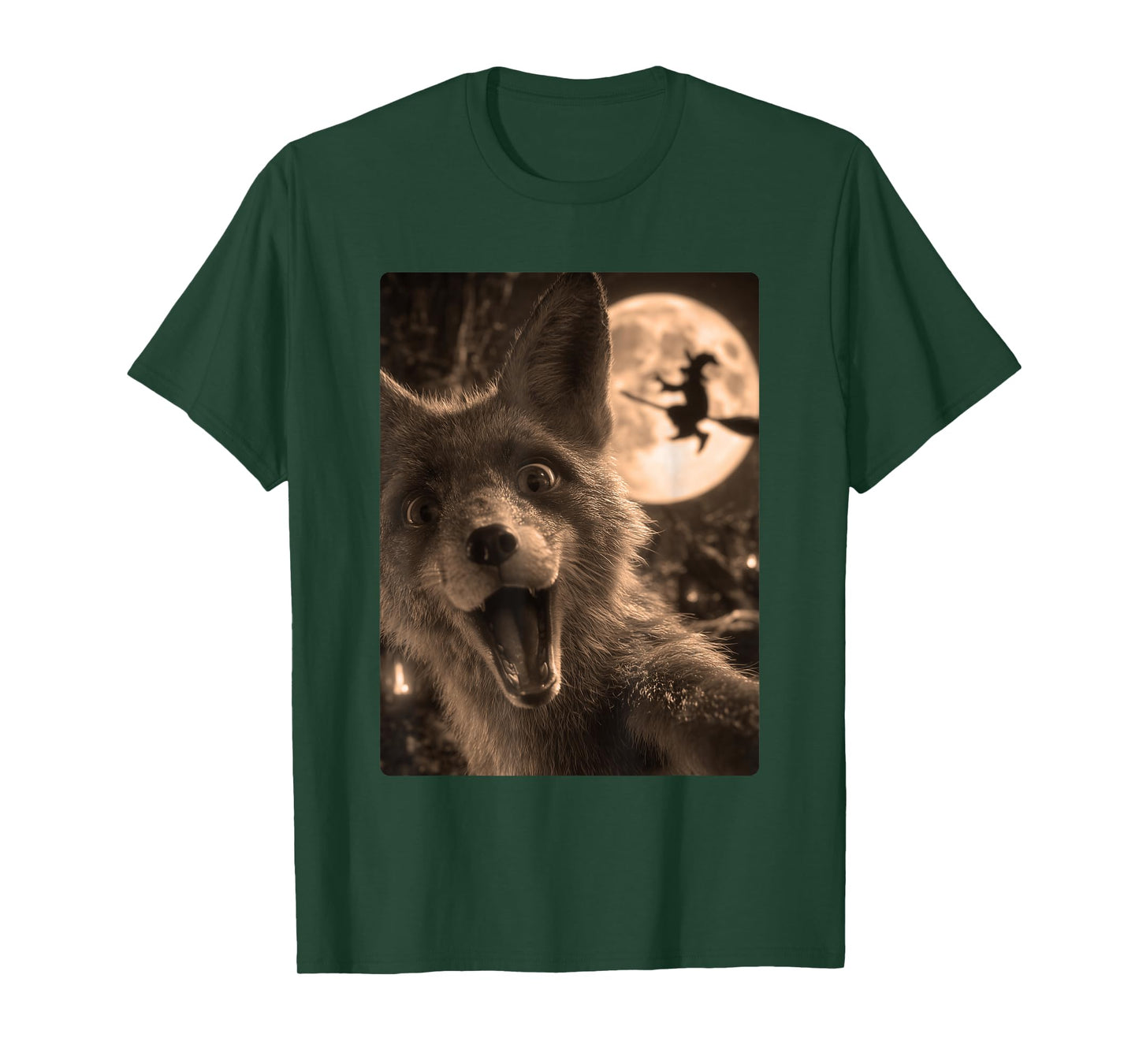 Funny Fox Selfie Full Moon Flying Witch Forest Halloween T-Shirt