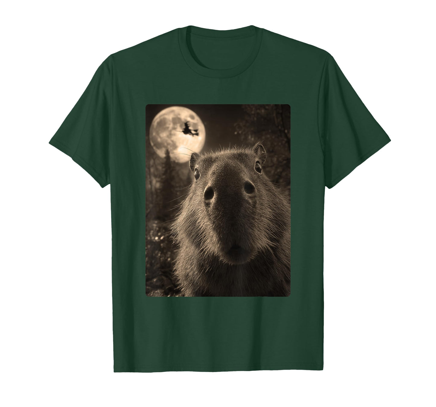 Funny Capybara Selfie Full Moon Flying Witch Halloween T-Shirt
