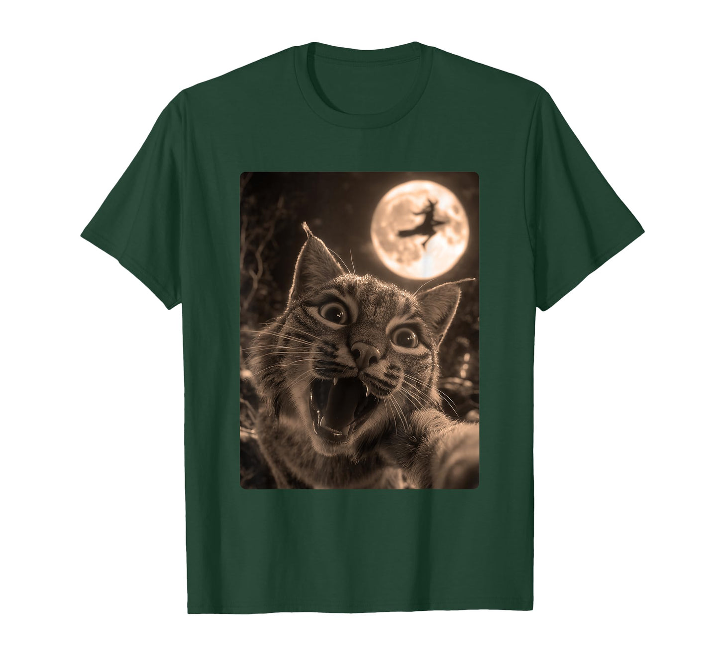 Funny Bobcat Selfie Full Moon Flying Witch Forest Halloween T-Shirt