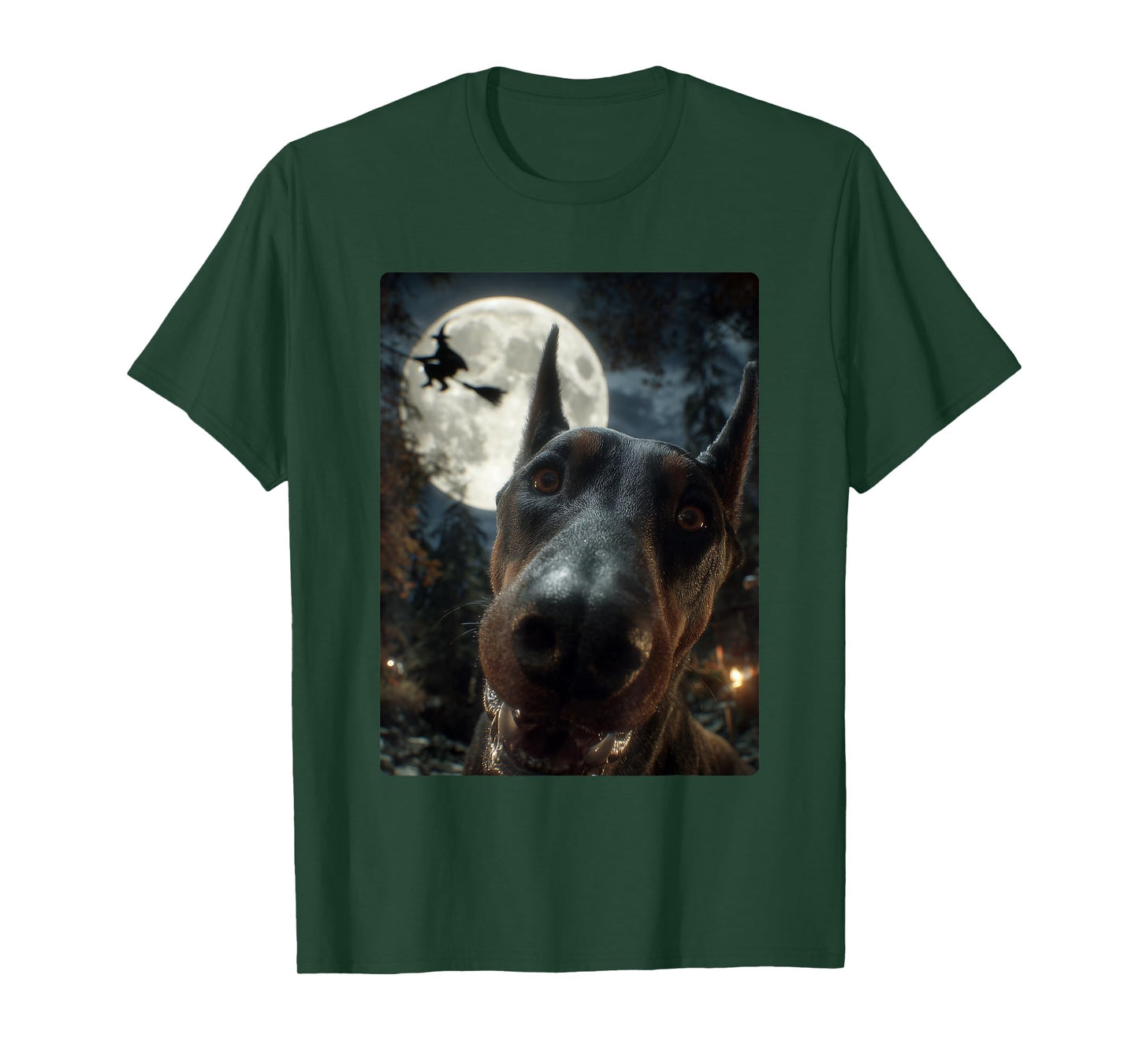 Funny Doberman Selfie Full Moon Flying Witch Halloween Dog T-Shirt