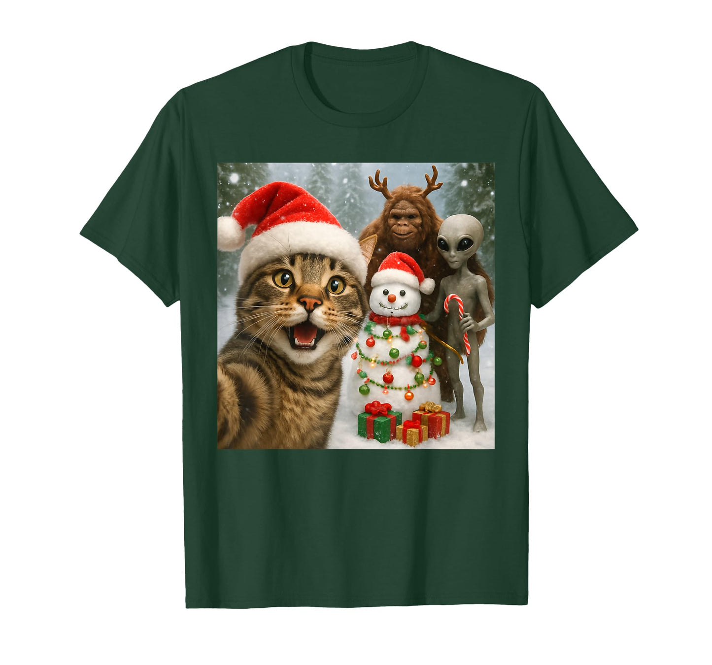 Funny Christmas Cat Selfie with Bigfoot Alien & Snowman T-Shirt