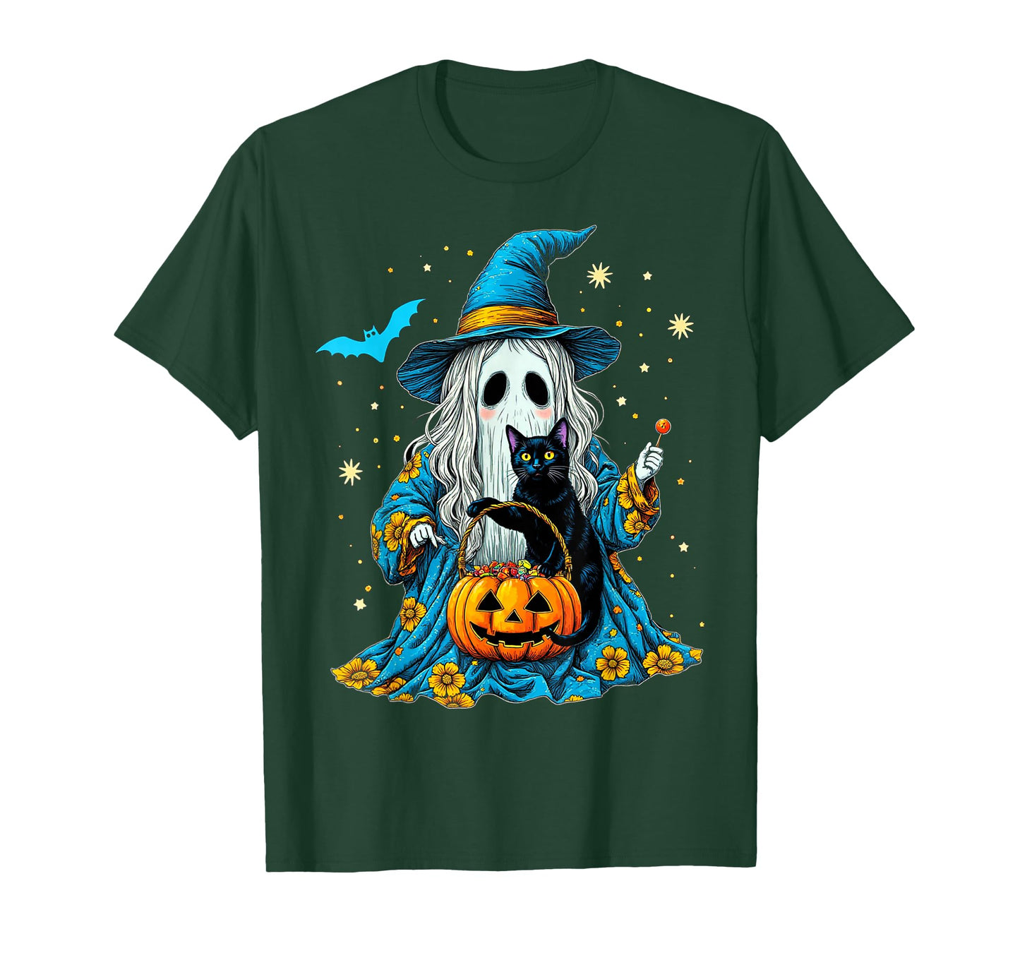 Ghost Holding Black Cat Lover Halloween 2025 Groovy Floral T-Shirt
