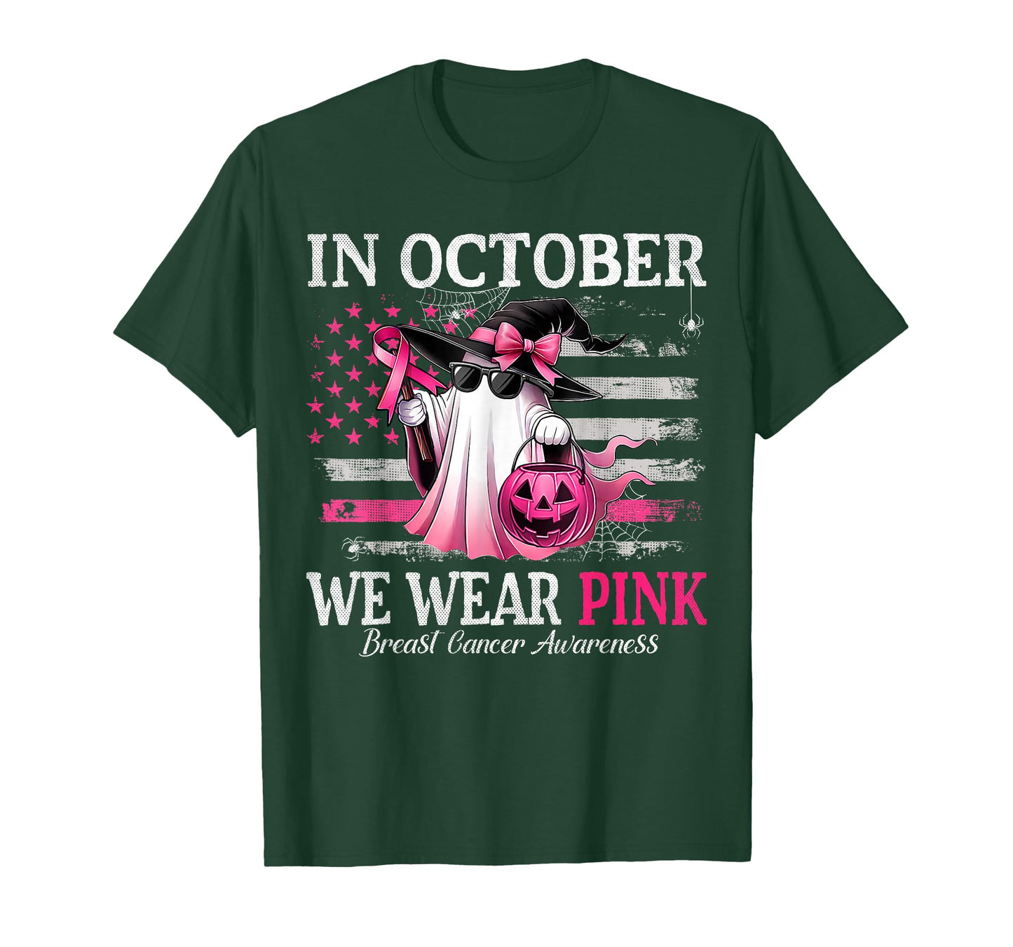 in October We Wear Pink Ghost Witch Breast Cancer Awareness T-Shirt