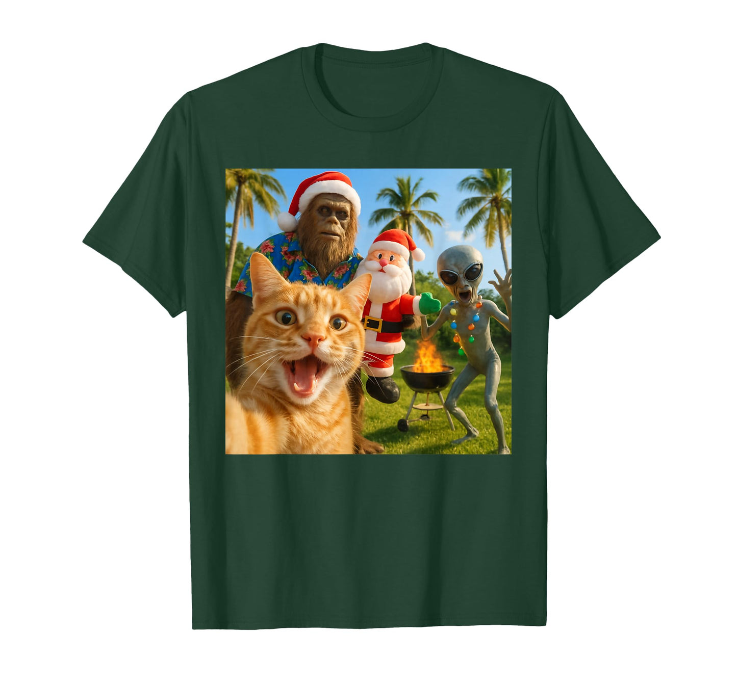 Funny Christmas Cat Selfie with Bigfoot & Alien BBQ Party T-Shirt