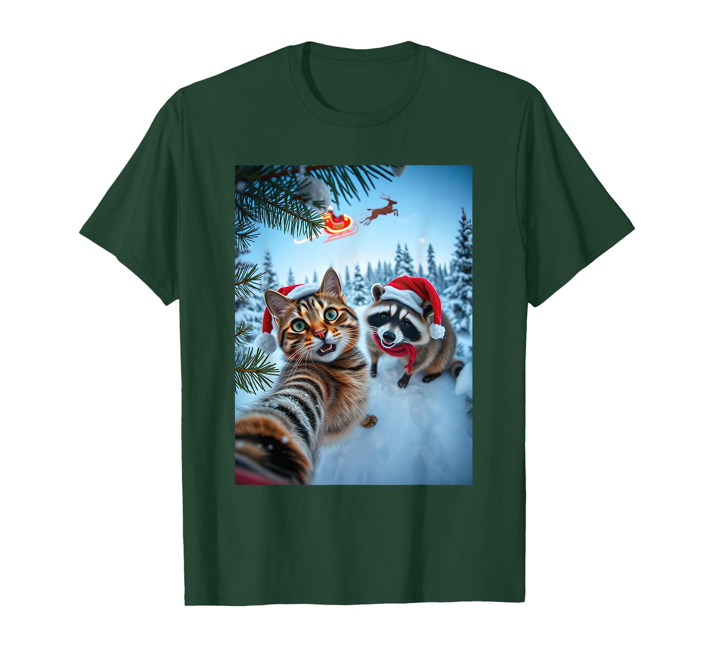 Funny Christmas Santa Raccoon Cat Selfie for Men Women T-Shirt