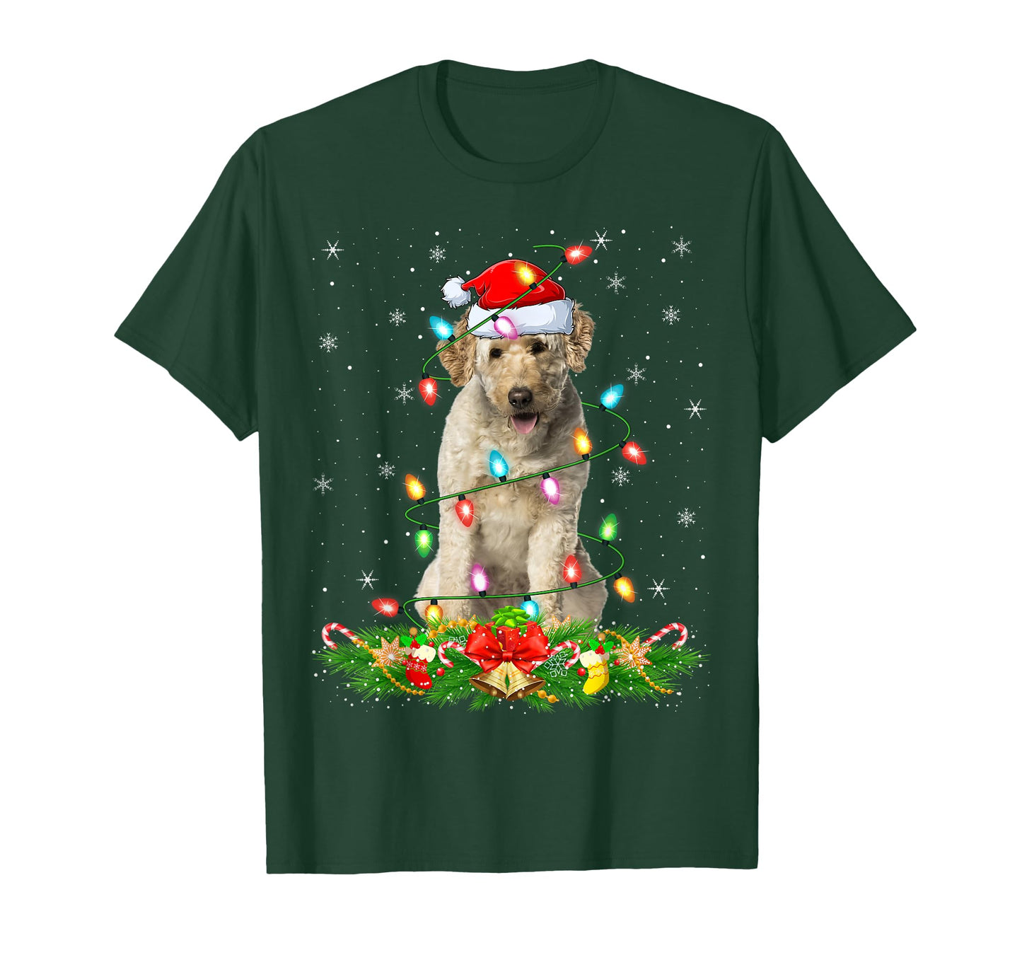 Labradoodle Dog Christmas Lights Funny Santa Hat Xmas T-Shirt