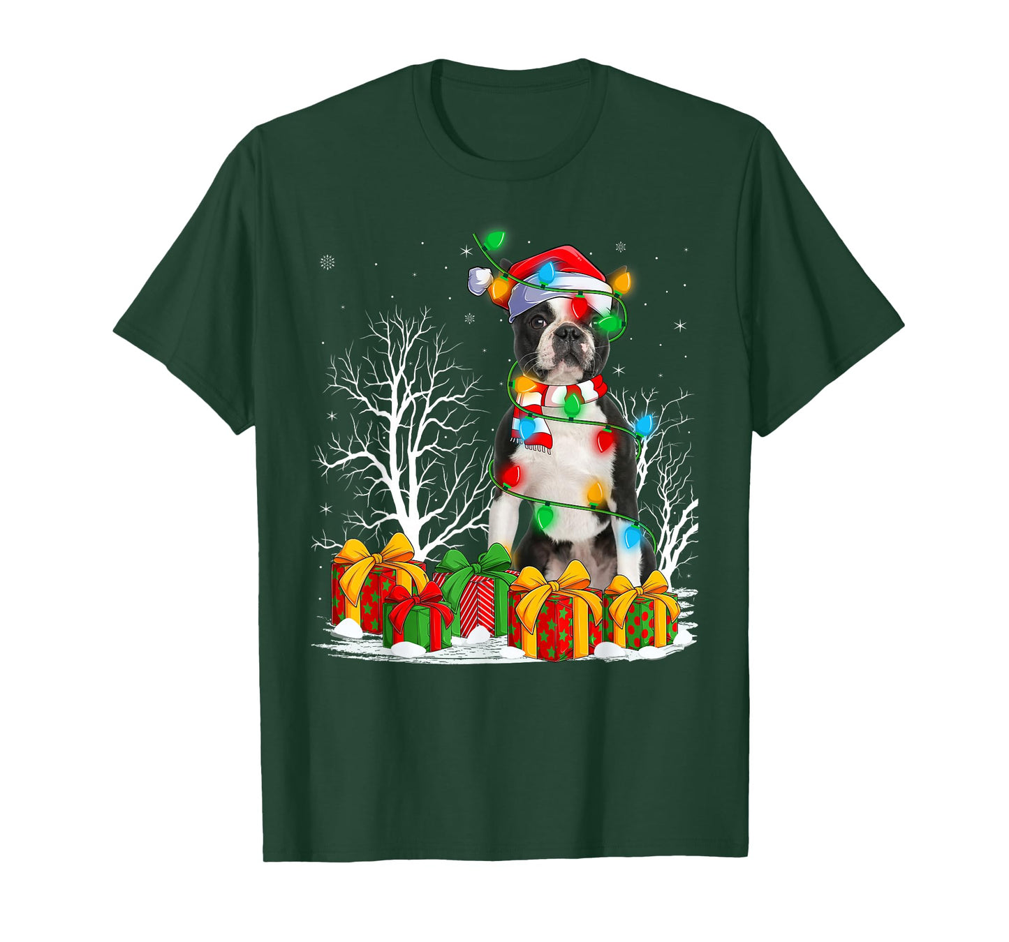 Boston Terrier Dog Christmas Lights Decor Holiday Santa Xmas T-Shirt
