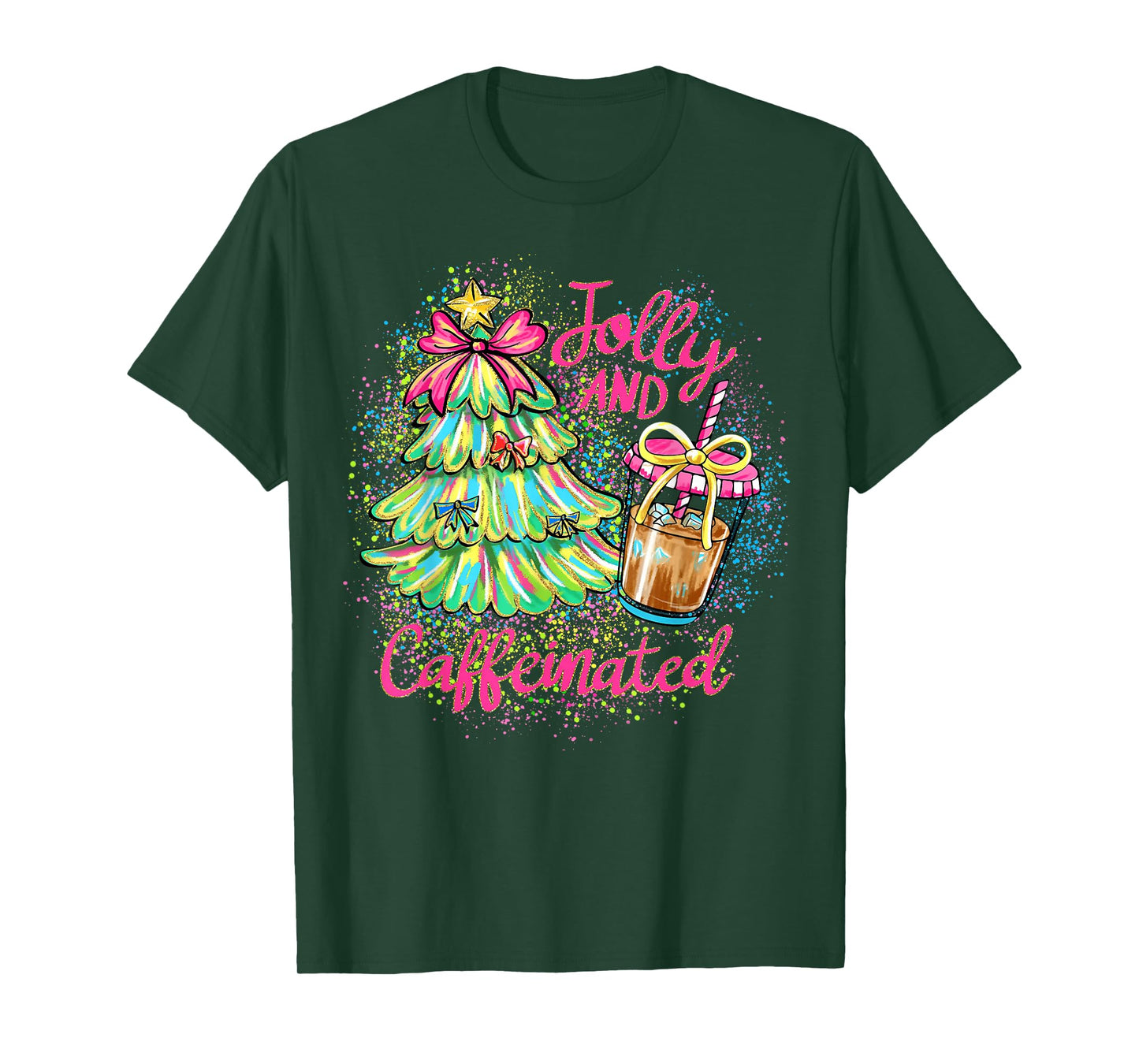 Jolly and Caffeinated Christmas Tree Coquette Bow Coffee T-Shirt