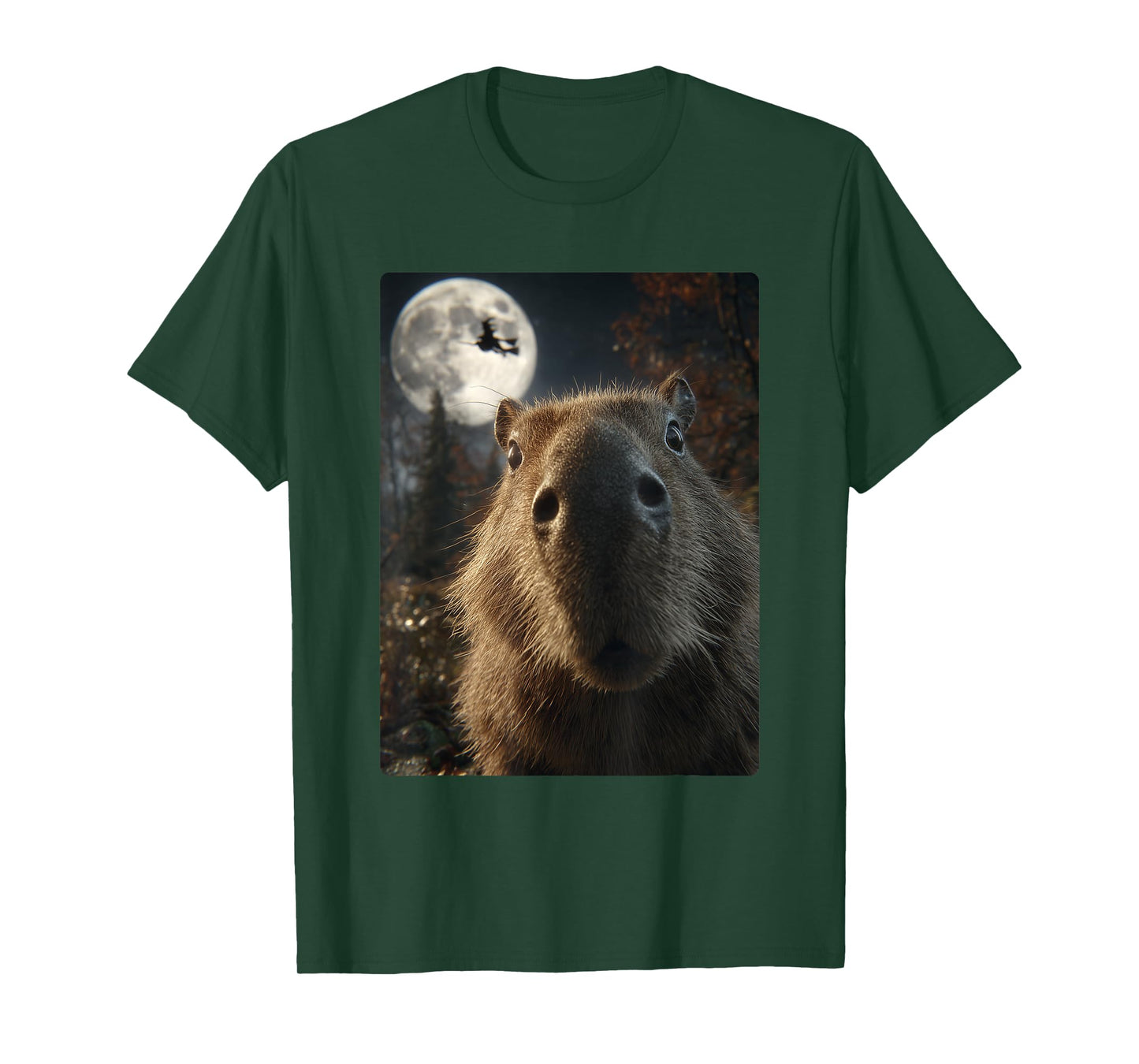 Funny Capybara Selfie Full Moon Flying Witch Halloween T-Shirt