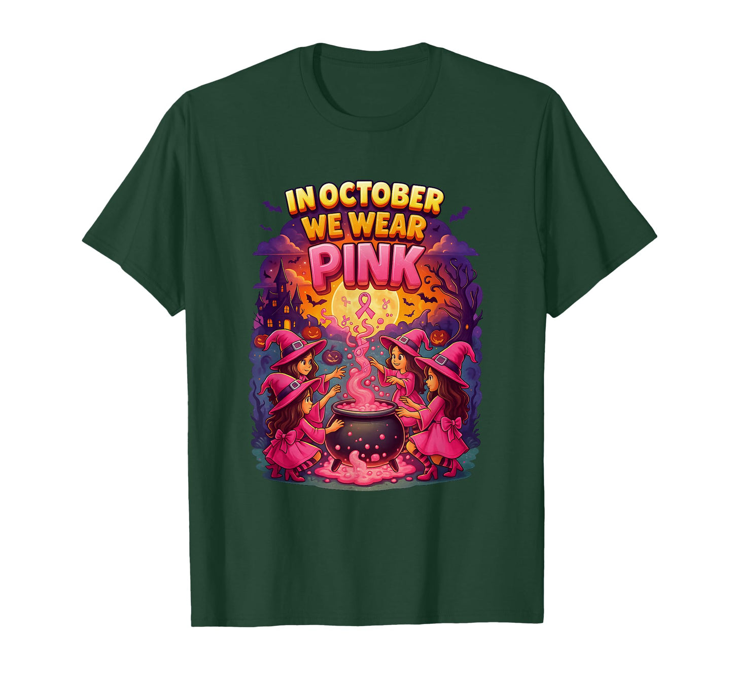 October We Wear Pink Witch Halloween Breast Cancer Awareness T-Shirt