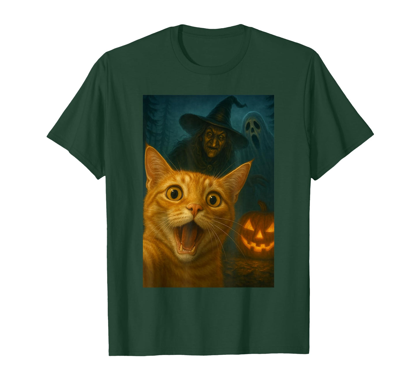 Scared Cat Pumpkin Halloween Spooky Night Funny Humor Tee T-Shirt