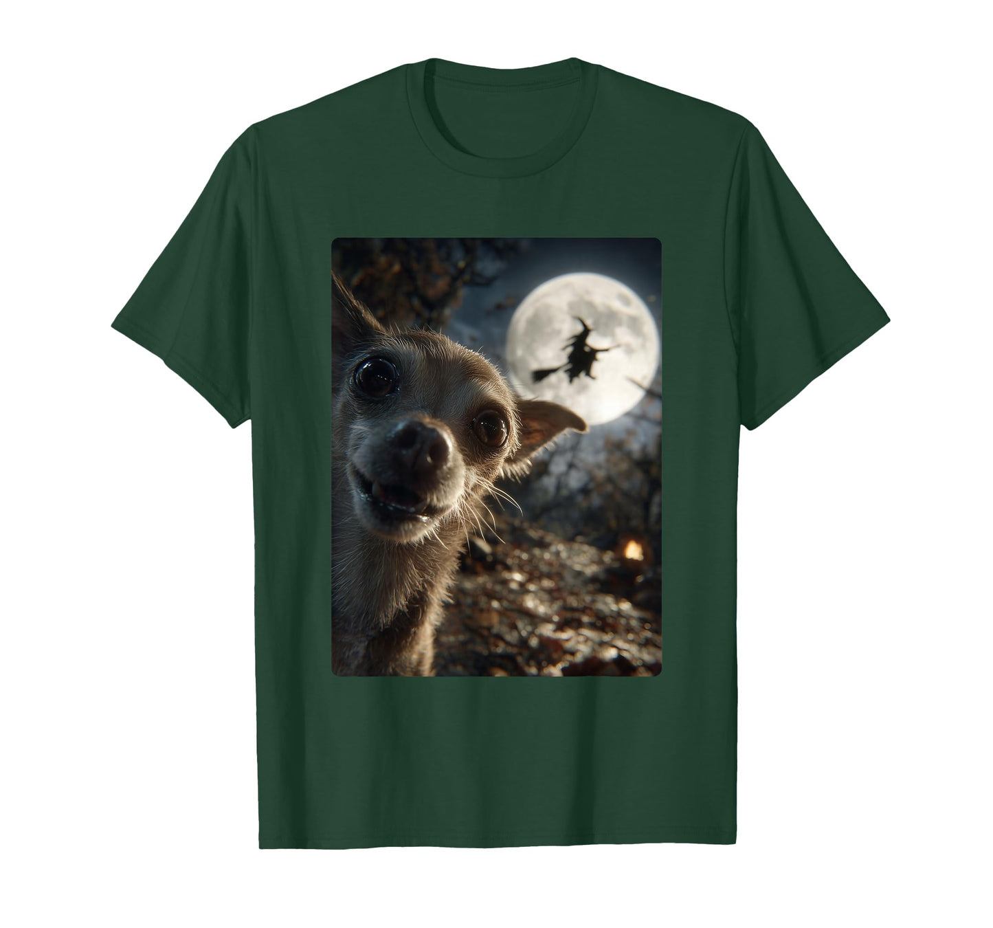Funny Chihuahua Selfie Full Moon Flying Witch Halloween Dog T-Shirt