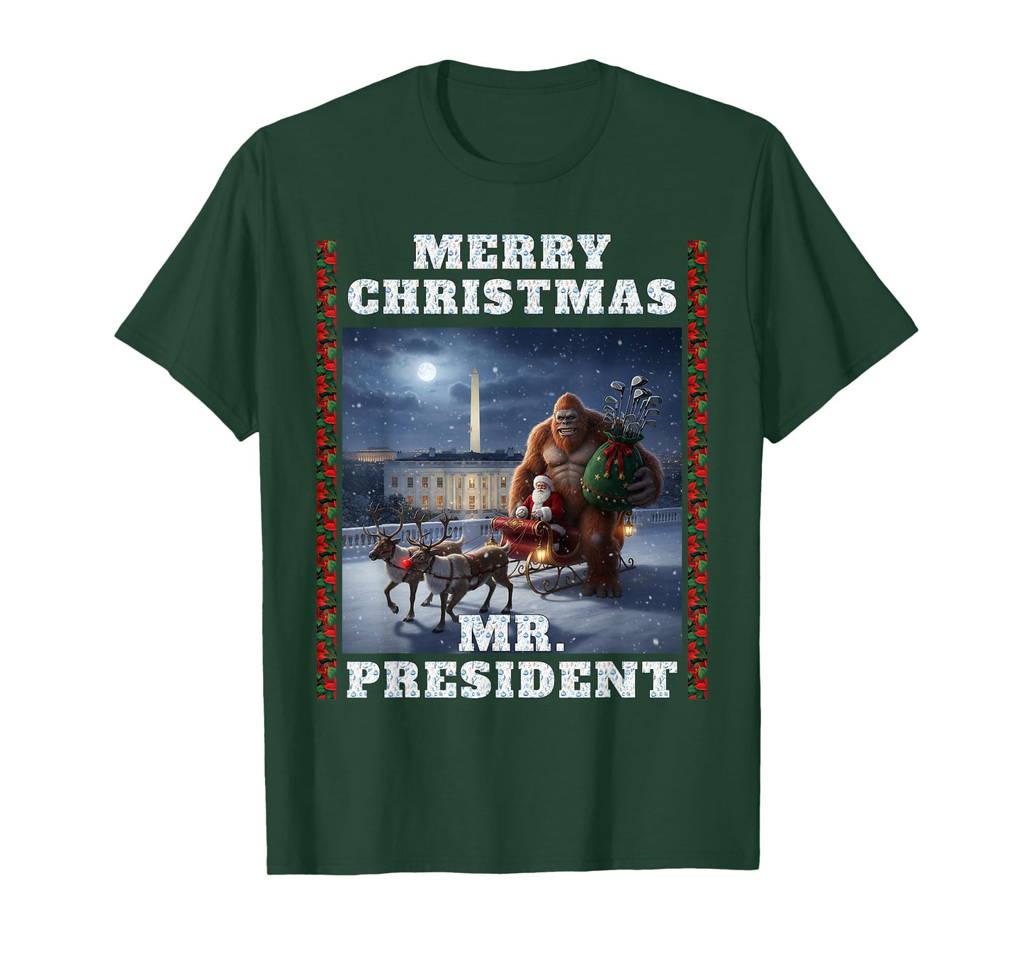 Bigfoot Santa Golf Clubs Merry Christmas Mr President Sleigh T-Shirt