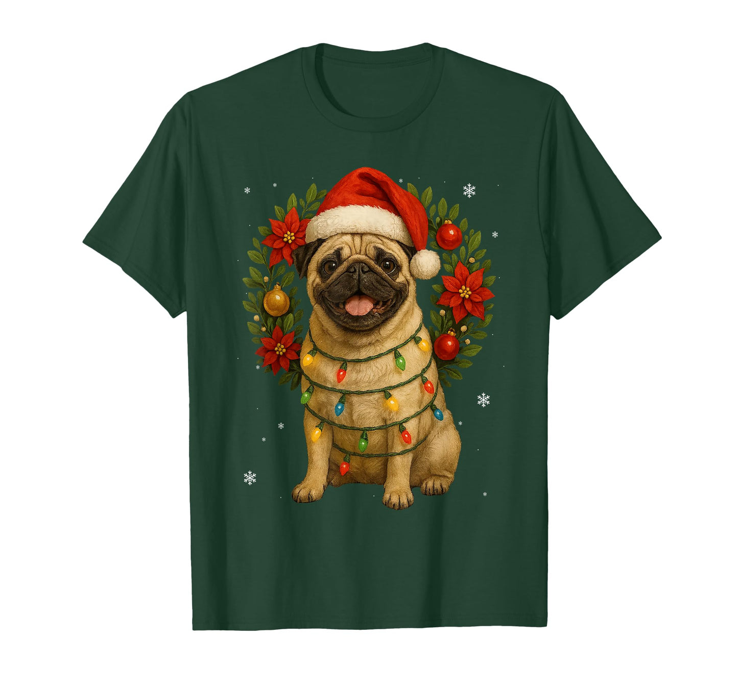 Cute Pug Festive Dog Lights Christmas Wreath Xmas Holidays T-Shirt