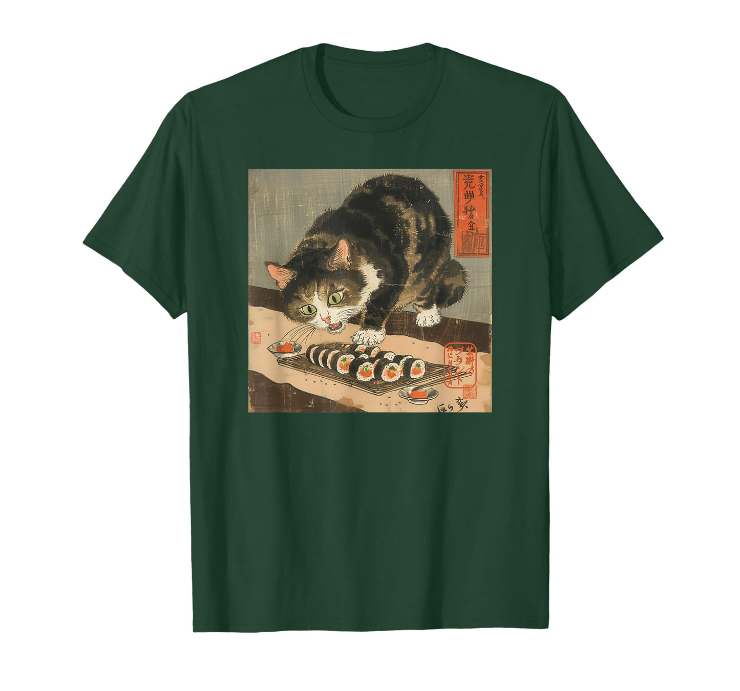Sushi Cat – Japanese Retro Art Print for Foodie and Cat Love T-Shirt for Men Women Kids