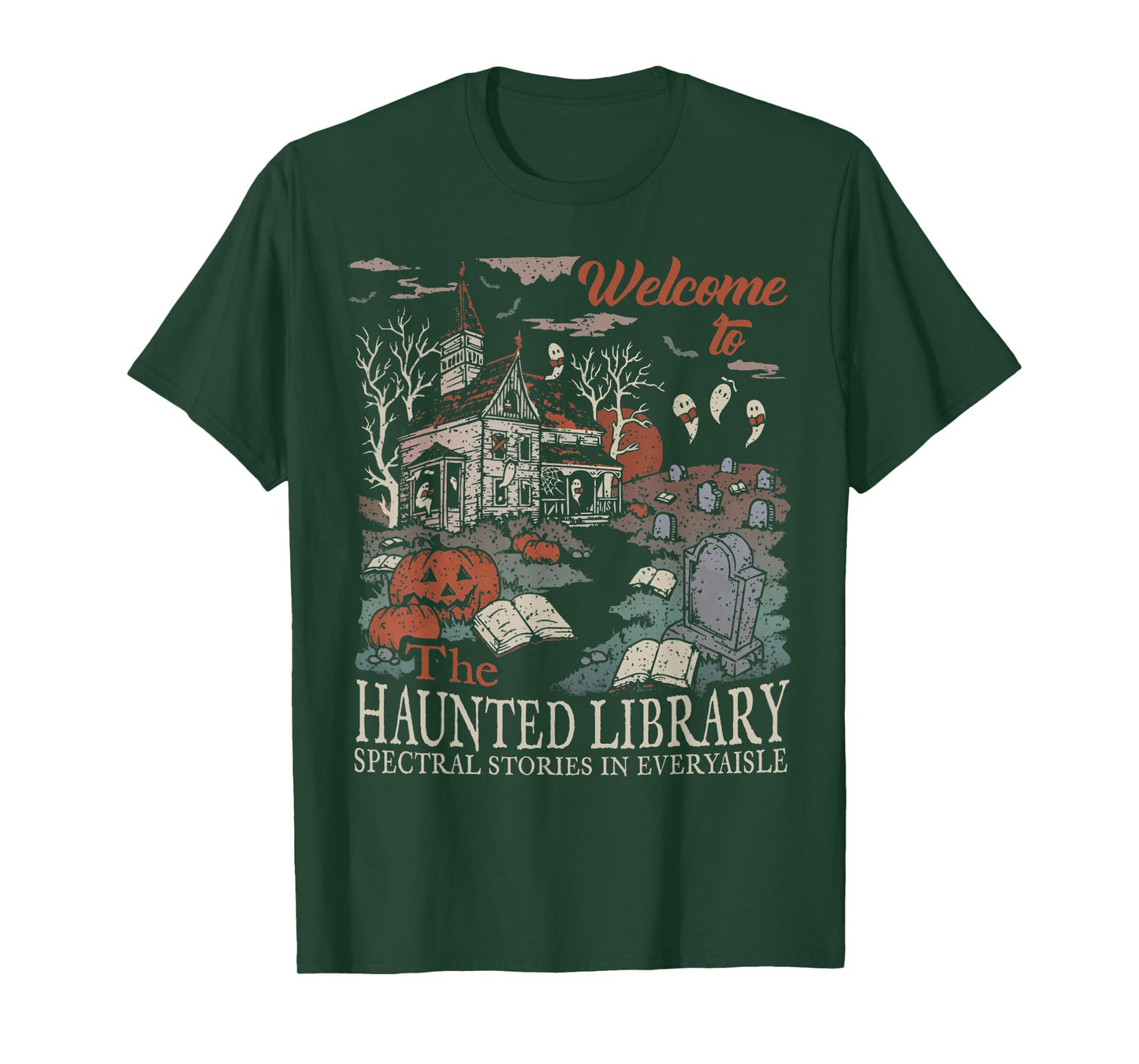 Retro Welcome To The Haunted Library Book Lovers Halloween T-Shirt