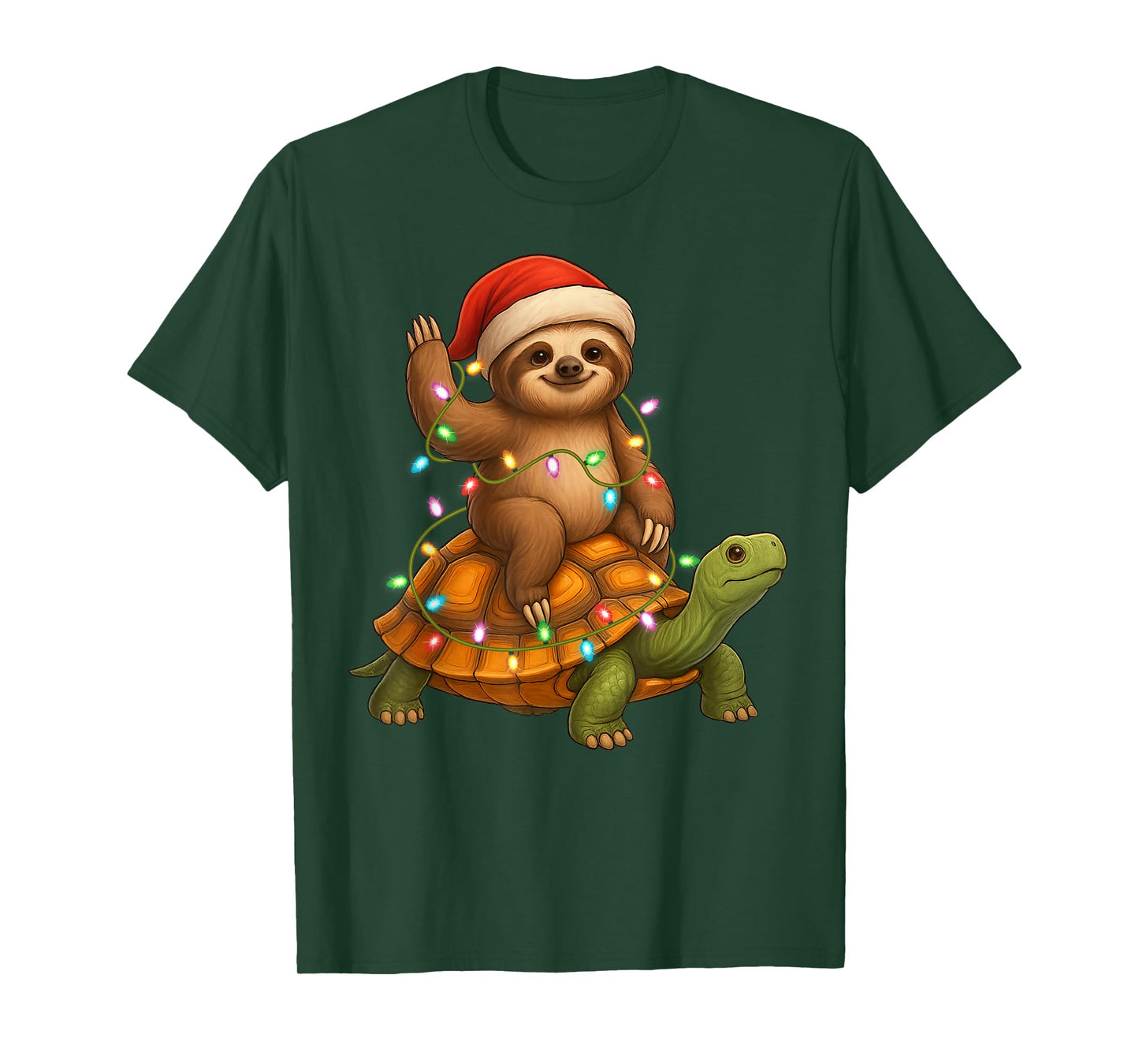 Sloth Riding Turtle Christmas Tees Snow Xmas Lights Pajamas T-Shirt