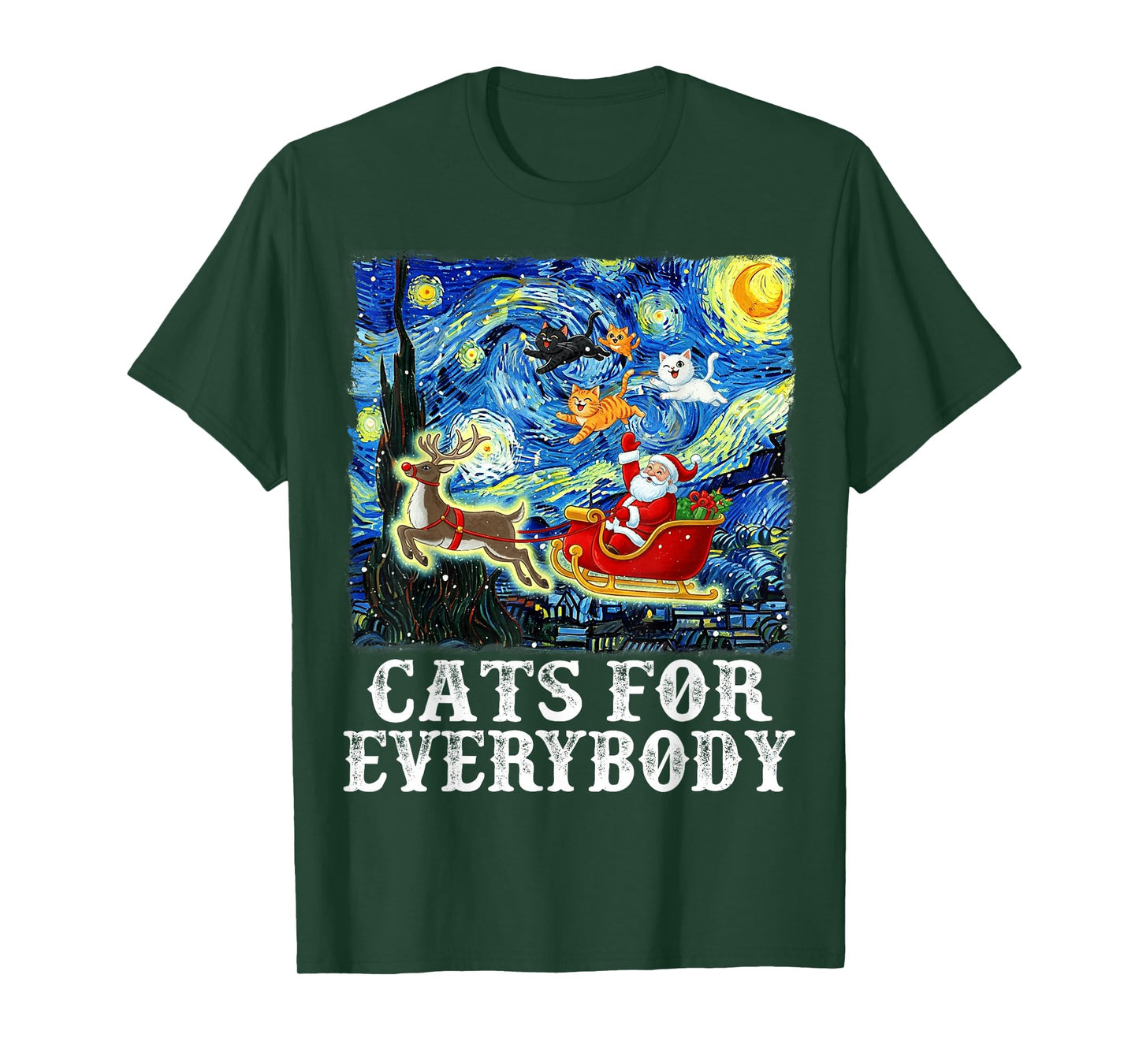 Santa Sleigh Christmas Cats for Everybody Starry Night Xmas T-Shirt